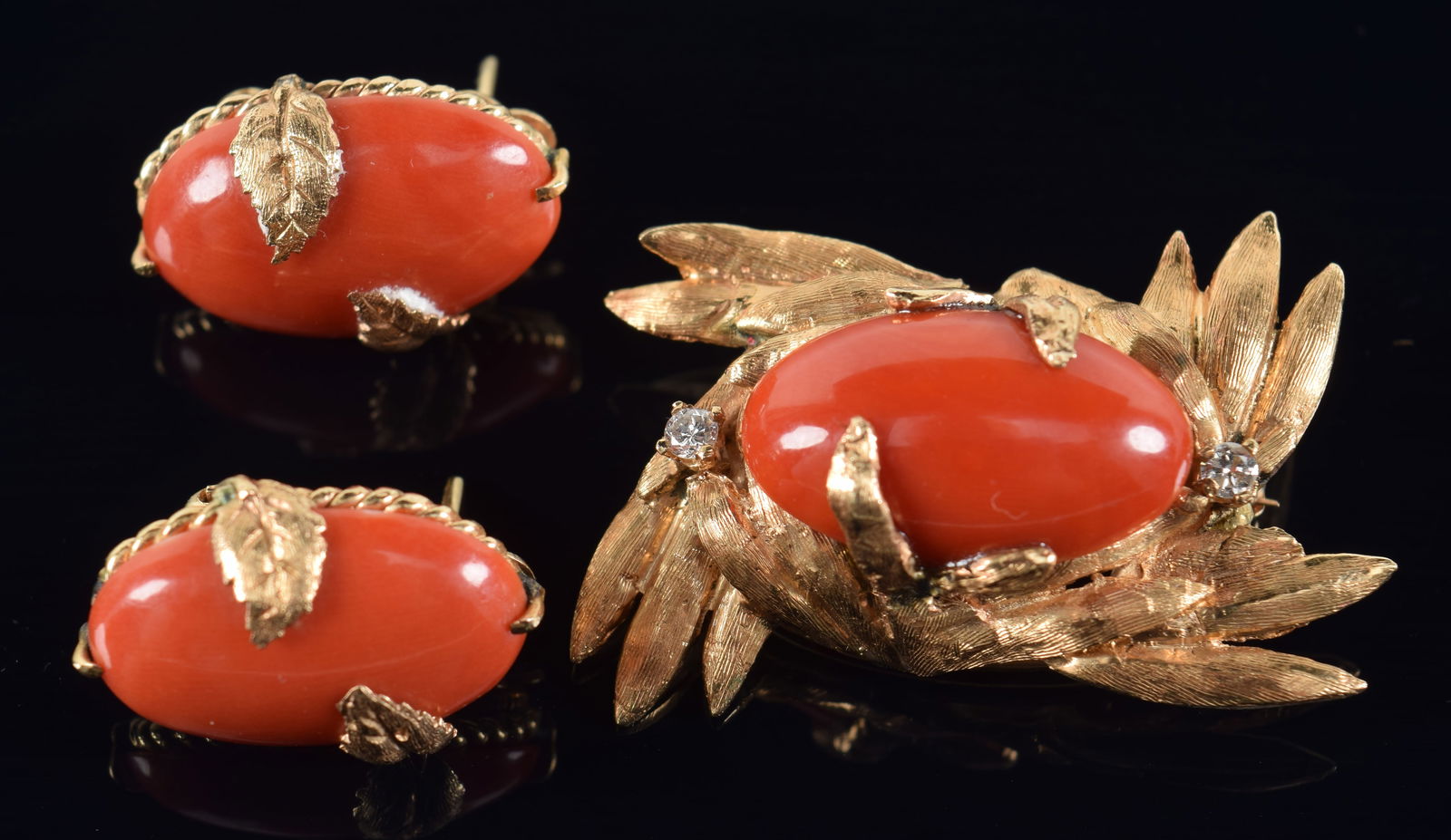 Vintage 14K gold coral and diamond mounted pin and earring set. Foliate design setting with large (1 of 6)