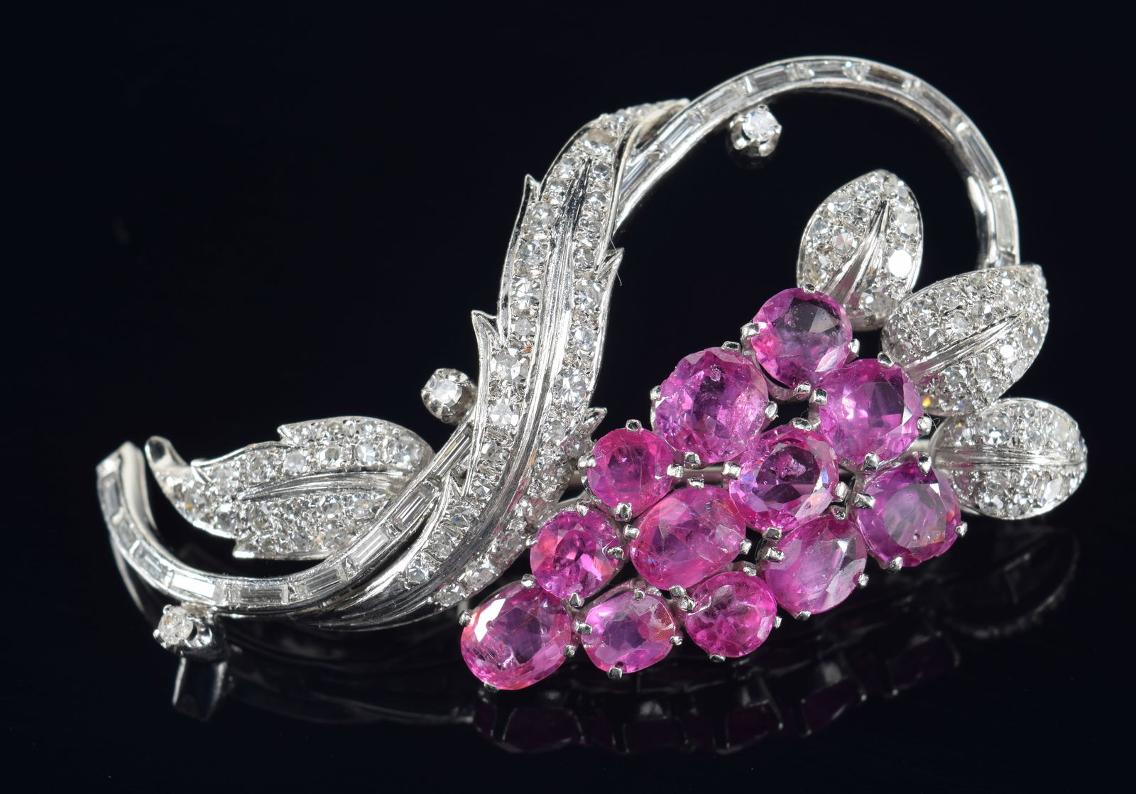 14K white gold Art Deco ruby and diamond carved brooch. 12 round and oval fine natural rubies, (1 of 8)