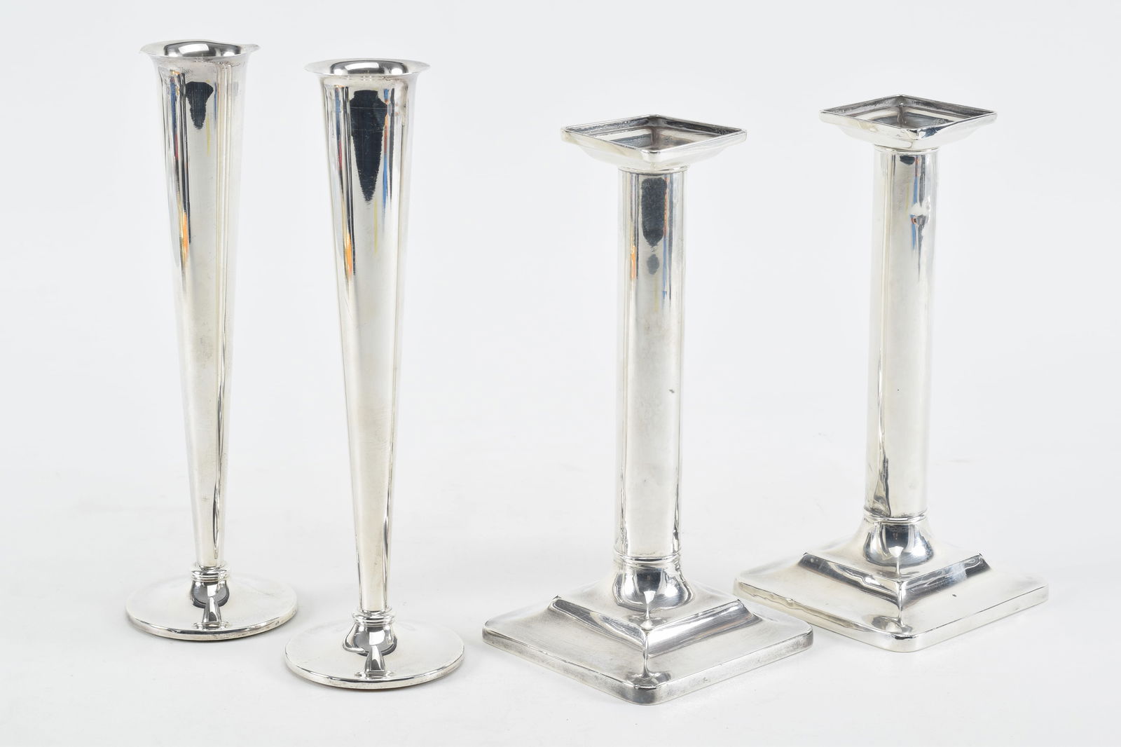 Pair Sterling silver square base candlesticks and a pair of British trumpet from bud vases. (1 of 8)