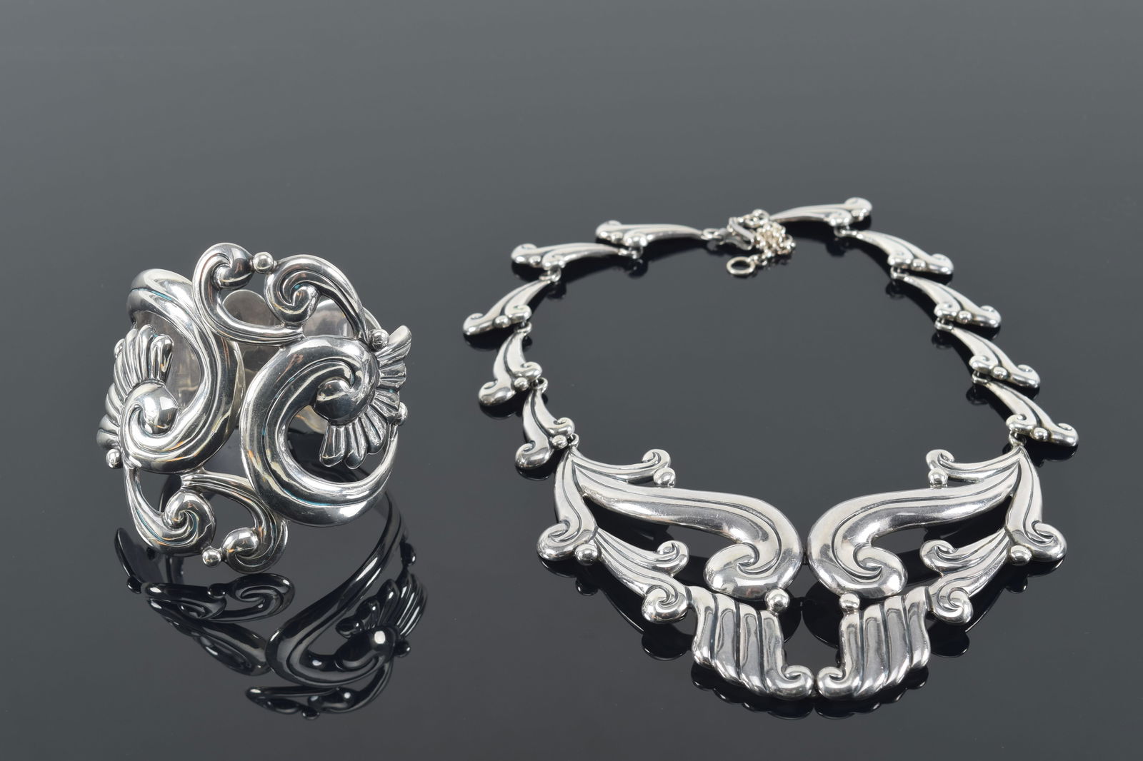 Taxco Mexican sterling silver matching ornate openwork cuff bracelet and necklace. Each marked (1 of 7)