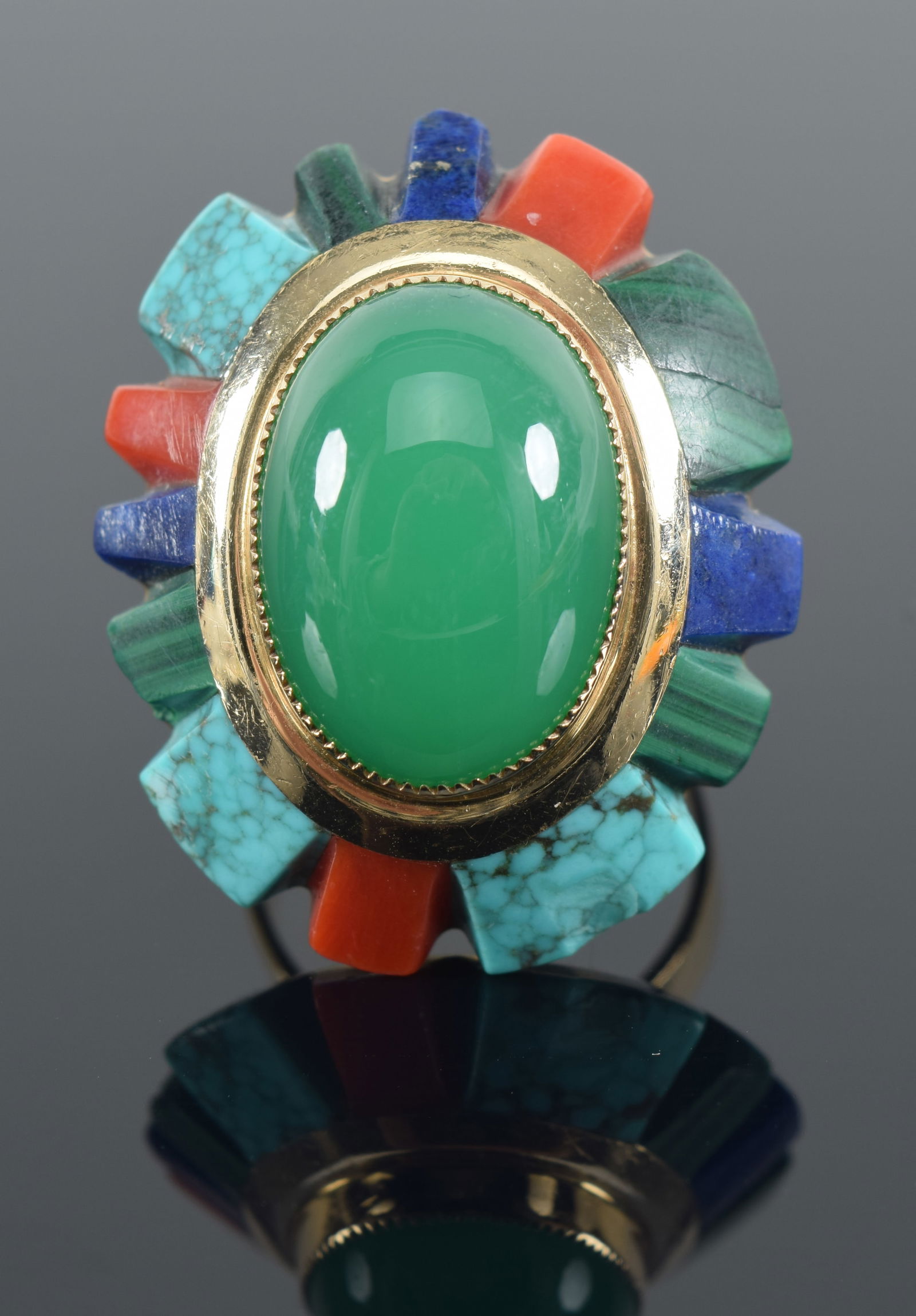 14K gold chrysoprase, coral, lapis lazuli, turquoise and malachite mounted ring. Large central green (1 of 7)