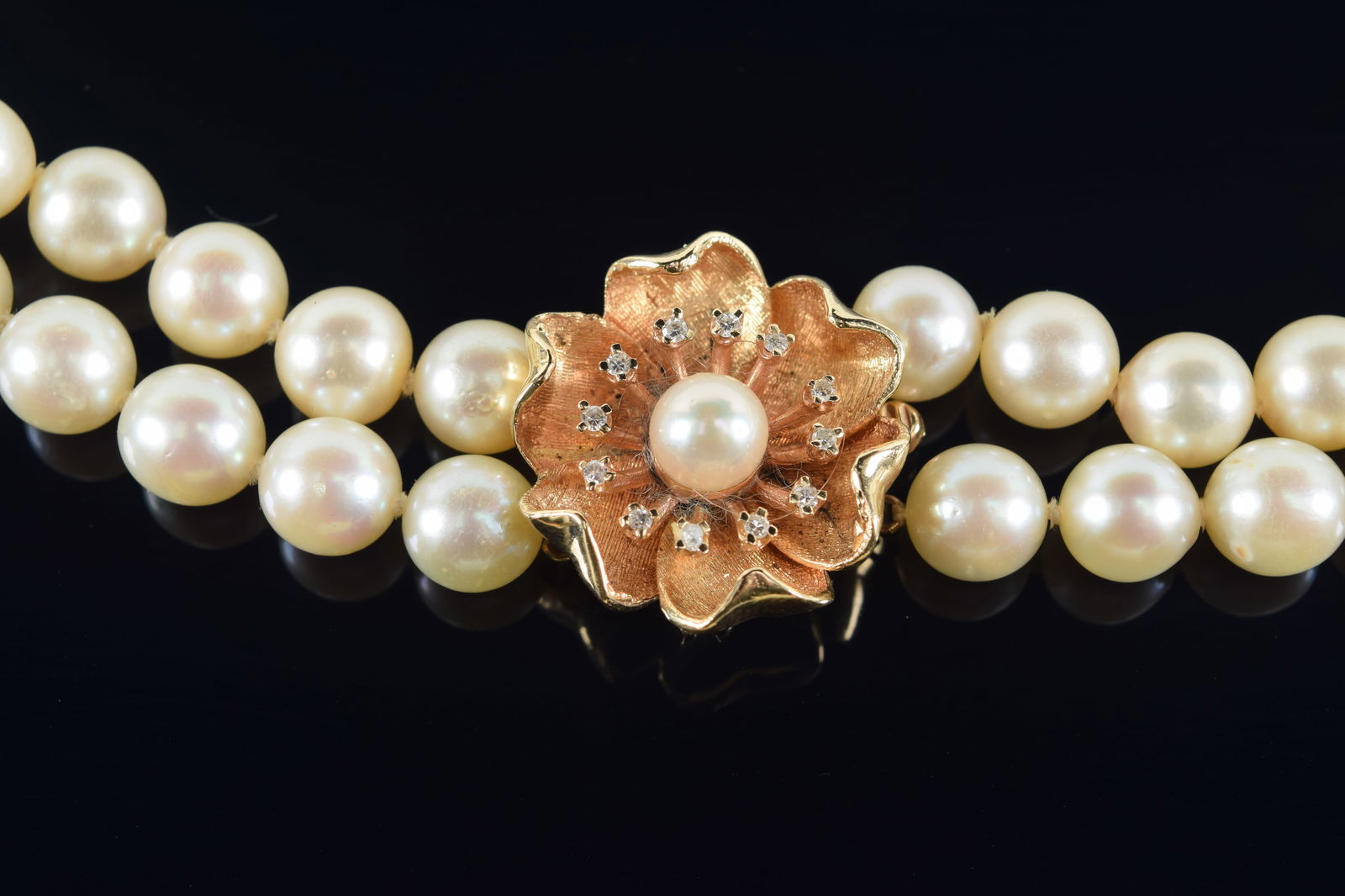 Honora 14K gold clasped double strand pearl necklace. Clasp in flower form with central pearl and (1 of 3)