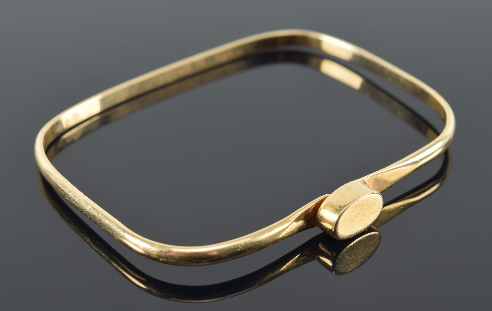 14K gold square form bangle bracelet. Marked 14K by Pamela. 2.3 x 2in. 8.6 grams. (1 of 5)