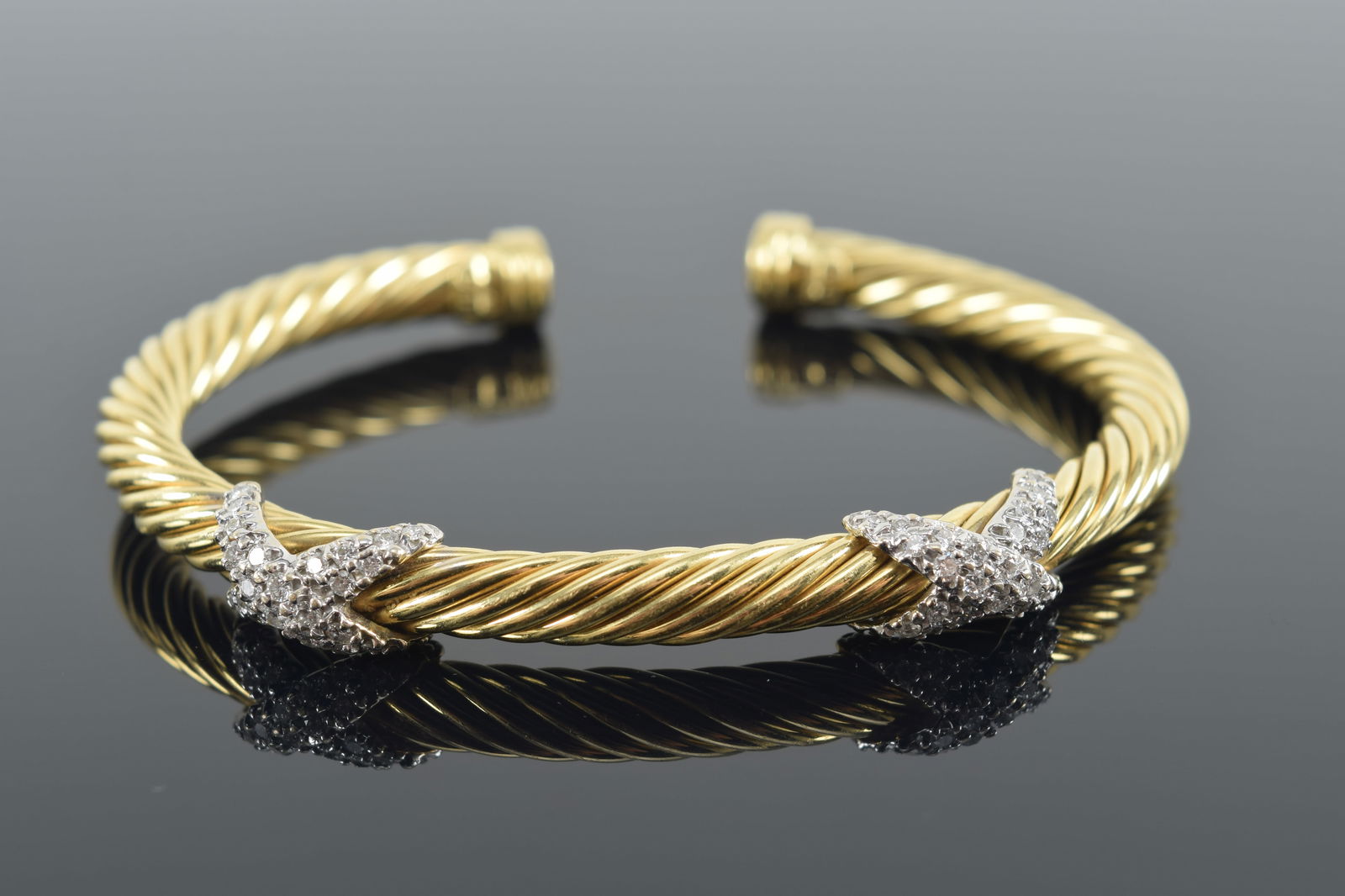 David Yurman 18K gold diamond mounted cuff bracelet. Yellow gold twisted coil design with white gold (1 of 5)