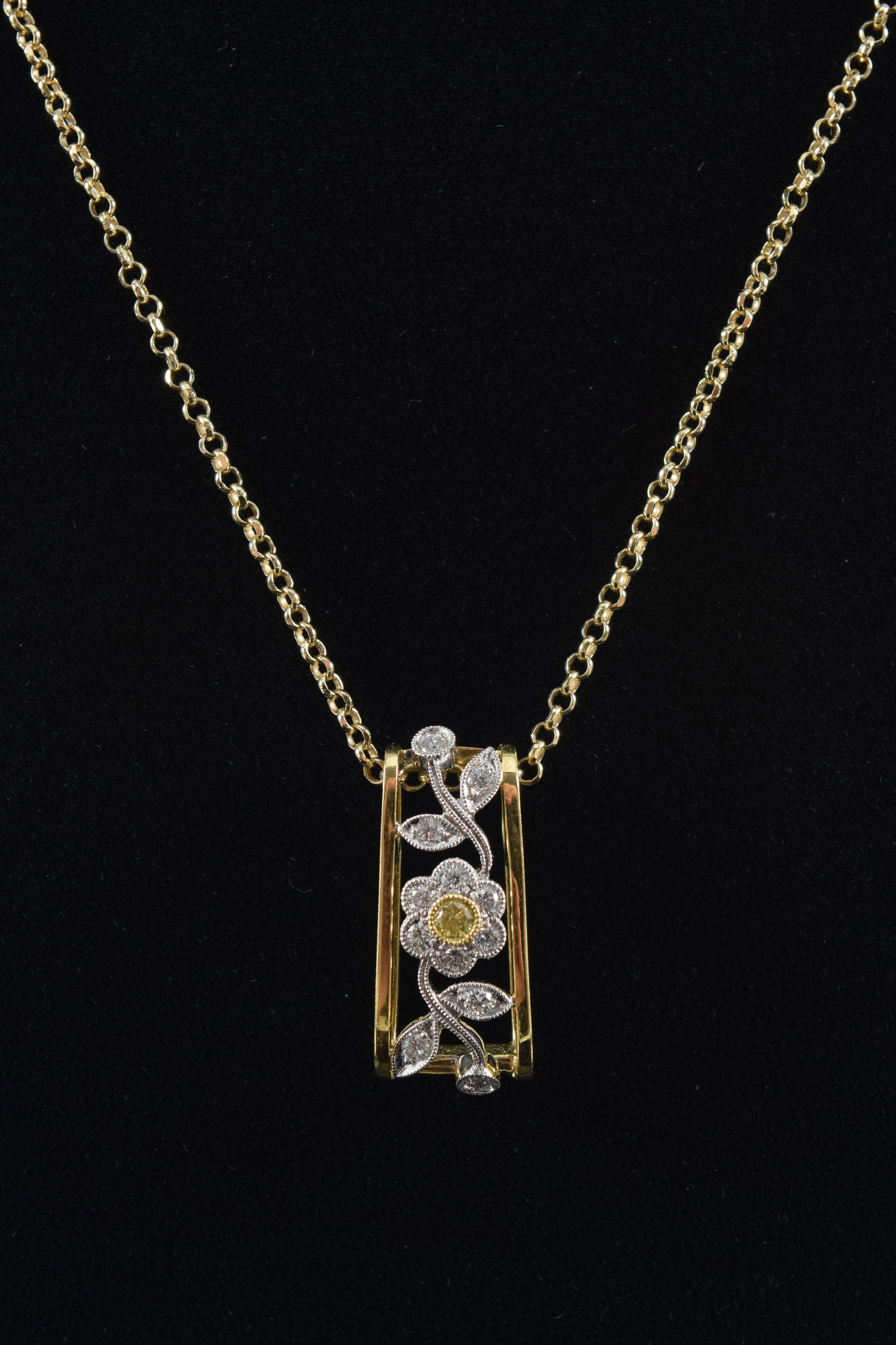 Simon G 18K gold diamond floral pendant. Openwork design with yellow central diamond and foliate (1 of 6)