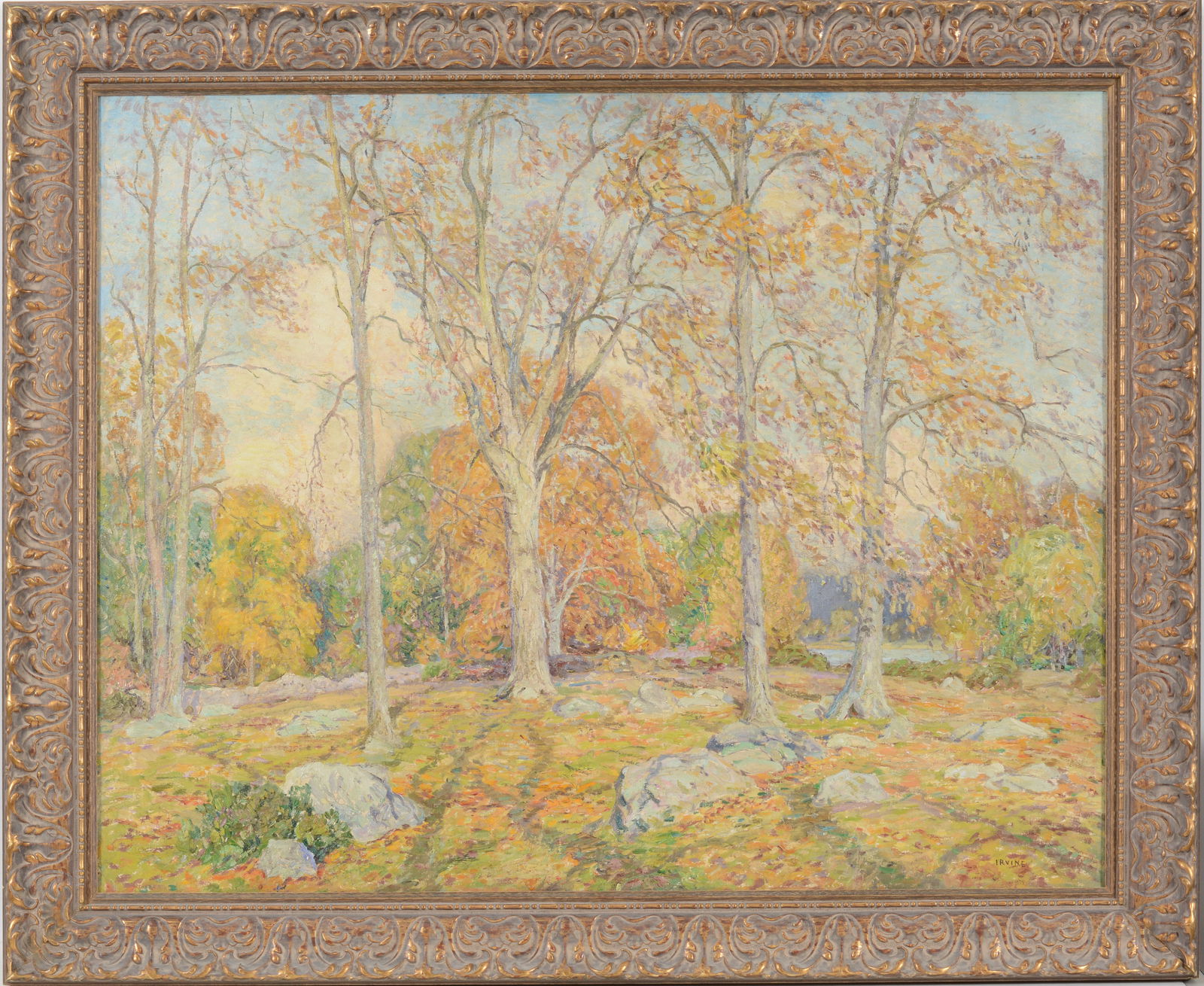 Wilson Irvine. "Golden Autumn". Large bright fall landscape with trees in a clearing by a river. (1 of 8)