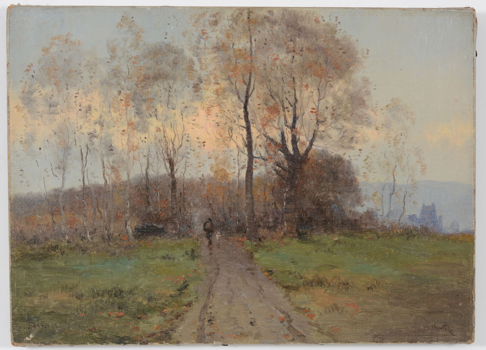 19th century French Barbizon landscape. Figures walking along a path. Oil on canvas. Signed (1 of 11)