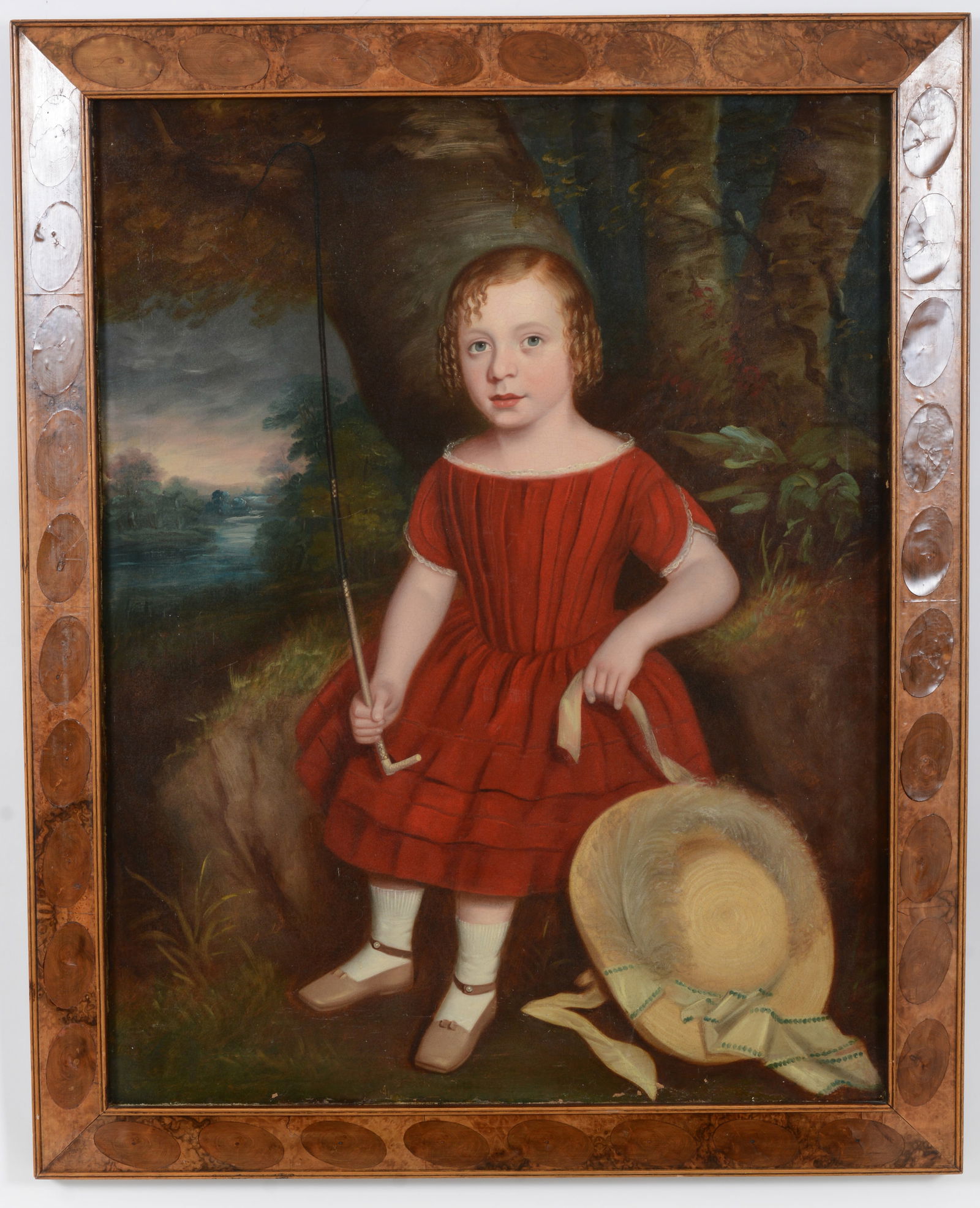 19th century American school folk art portrait of a girl in red dress holding a riding crop and (1 of 9)
