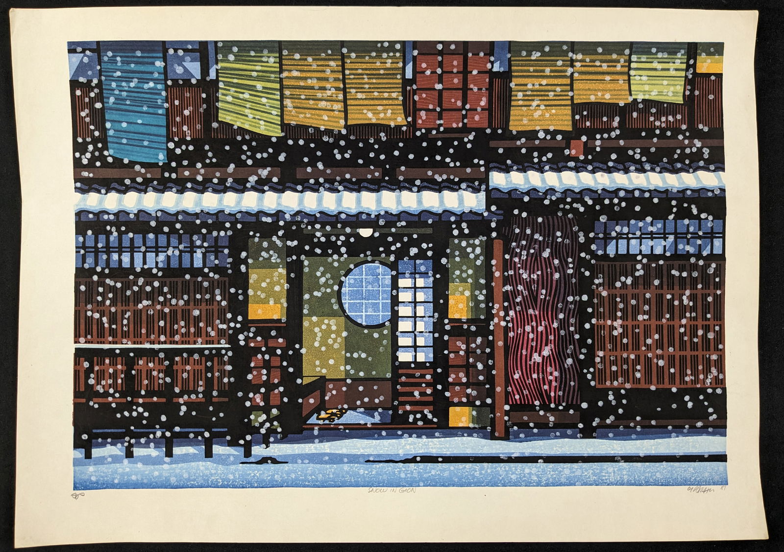 Clifton Karhu. "Snow in Gion". Color woodblock print of a building exterior in winter with (1 of 6)