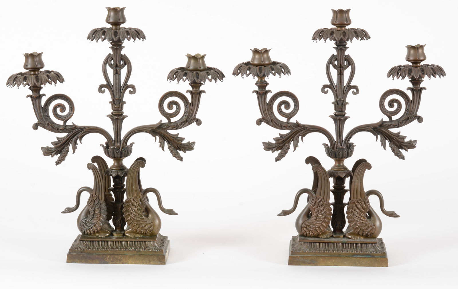 Pair of Continental bronze three arm candelabra, 19th Century. Finely detailed moldings with swans (1 of 10)