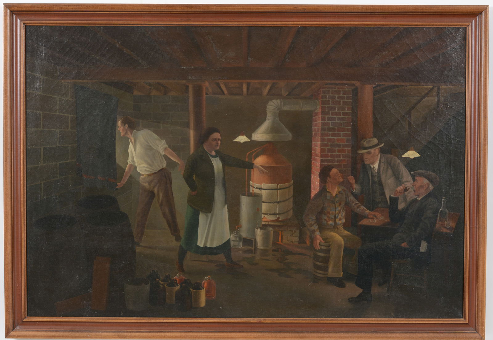 Large social realist basement genre scene depicting Prohibition era figures gathered around a still (1 of 15)