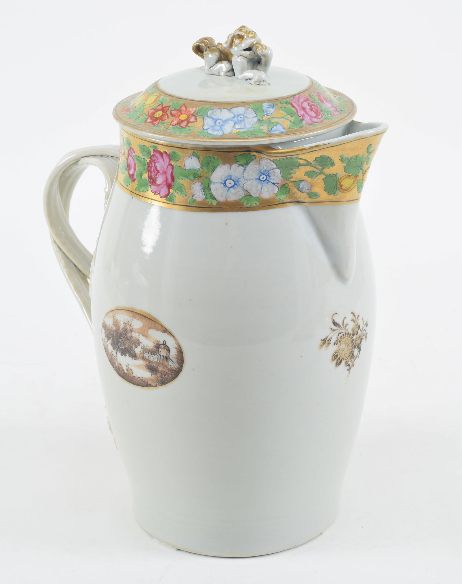 Chinese export porcelain famille rose covered cider jug, 19th Century. Food dog finial on lid, (1 of 9)