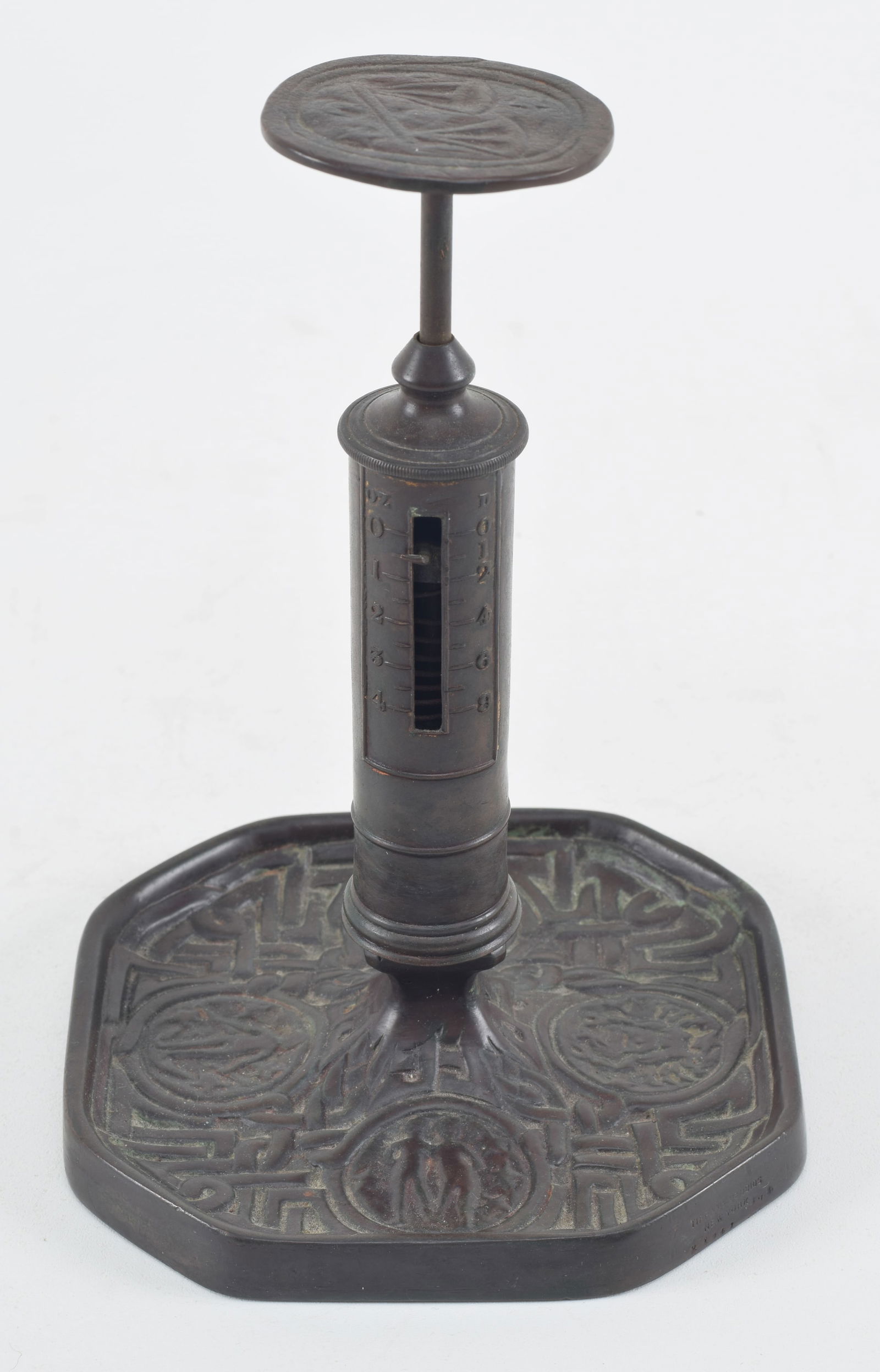 Tiffany Studios bronze postal scale, Zodiac pattern. Bronze patination. Marked on base, Tiffany (1 of 9)