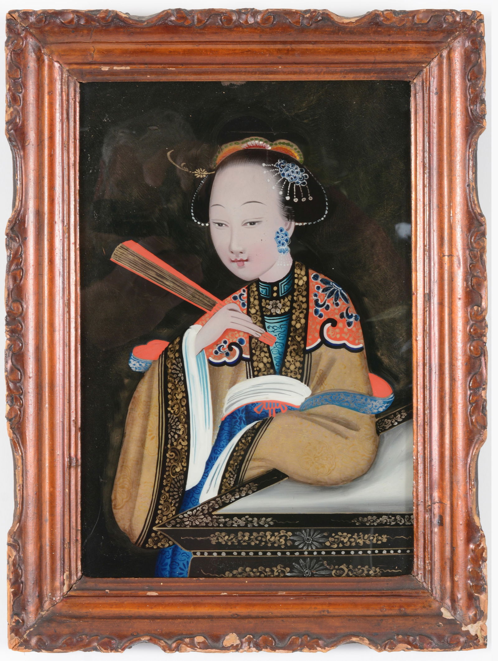 Chinese export reverse painting on glass of woman with a fan in molded period frame, 19th Century. (1 of 6)