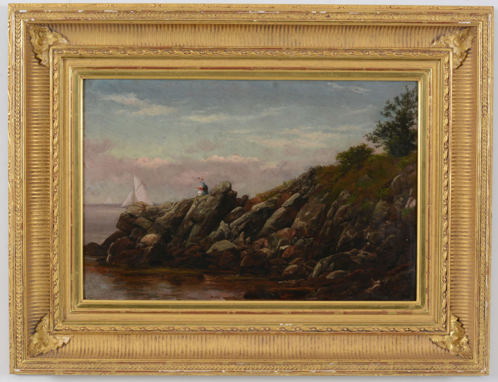 19th century American school seascape with mother and child on the shore watching boats go by. (1 of 7)