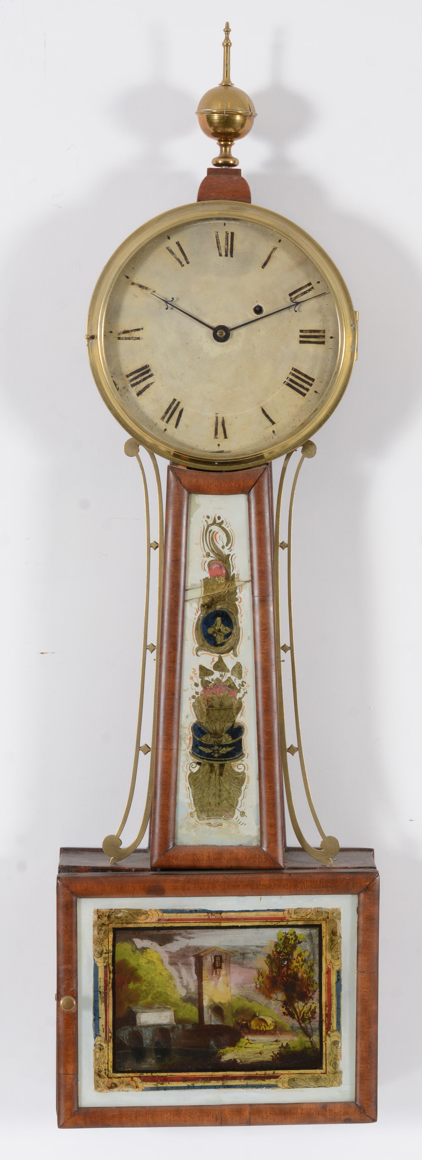 Willard type banjo clock with half round mahogany moldings, circa 1820. Ball finial and glasses with (1 of 6)