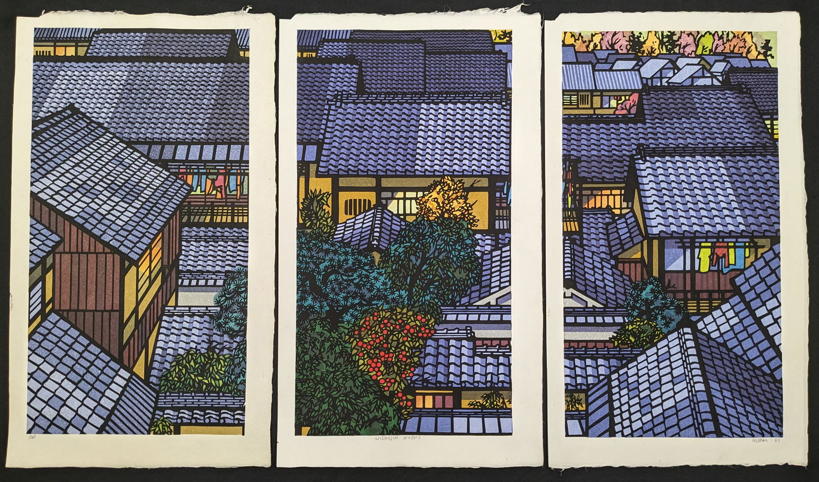 Clifton Karhu. "Nishijin Roofs". Triptych woodblock prints of Japanese tiled roofs and courtyards. (1 of 6)