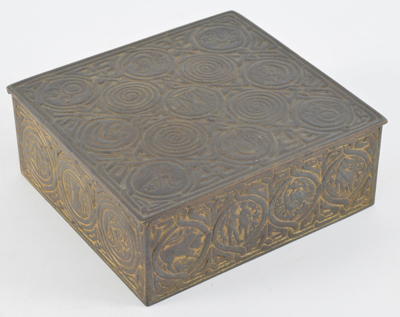 Tiffany Studios bronze cigar box, Zodiac pattern. Dore patination, cedar lining. Marked on base, (1 of 9)