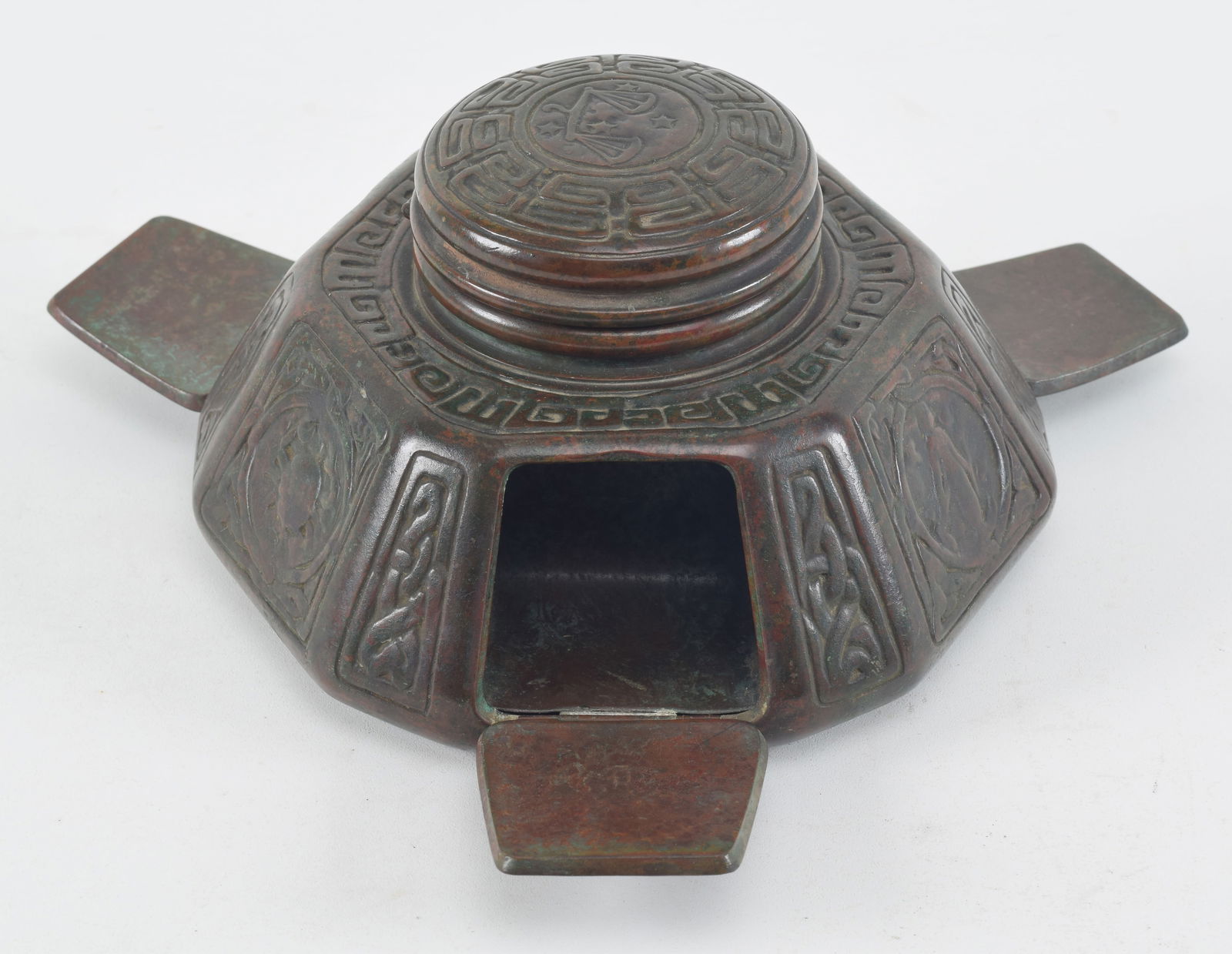 Tiffany Studios bronze inkwell, Zodiac pattern. Bronze patination, original glass liner. Uncommon (1 of 7)