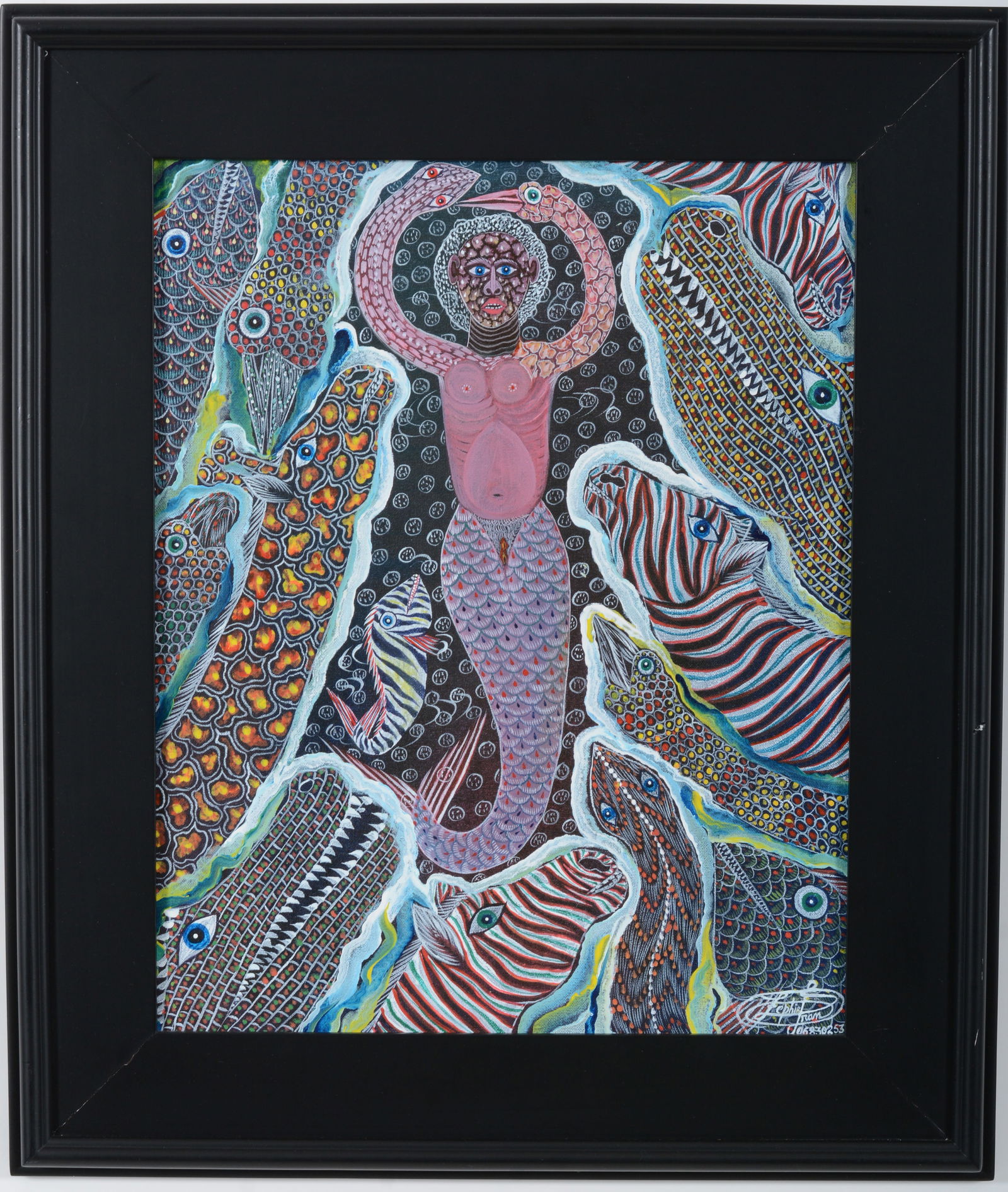 Frantz Zephirin. Haiti. Surrealist mermaid figure surrounded by birds, horses, snakes, and other (1 of 7)