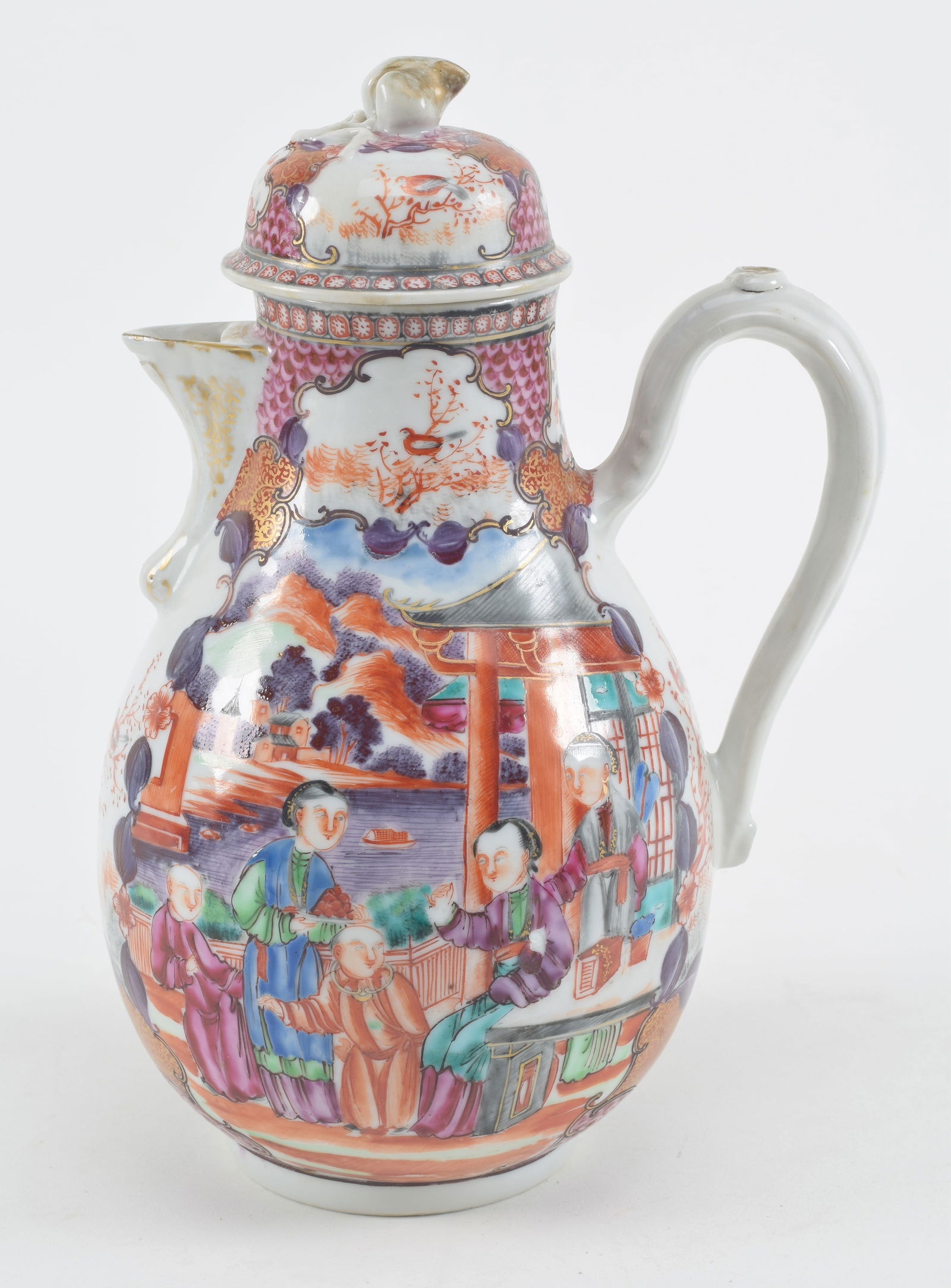 Chinese export porcelain famille rose sparrow beak pitcher, 19th Century. Decorated with panels of d (1 of 8)
