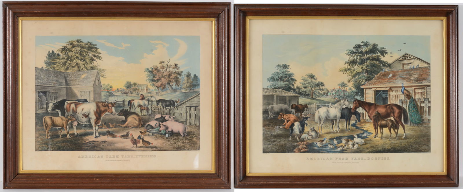 2 Currier and Ives color lithograph print, "American Farm Yard - Morning" and "American Farm Yard - (1 of 12)