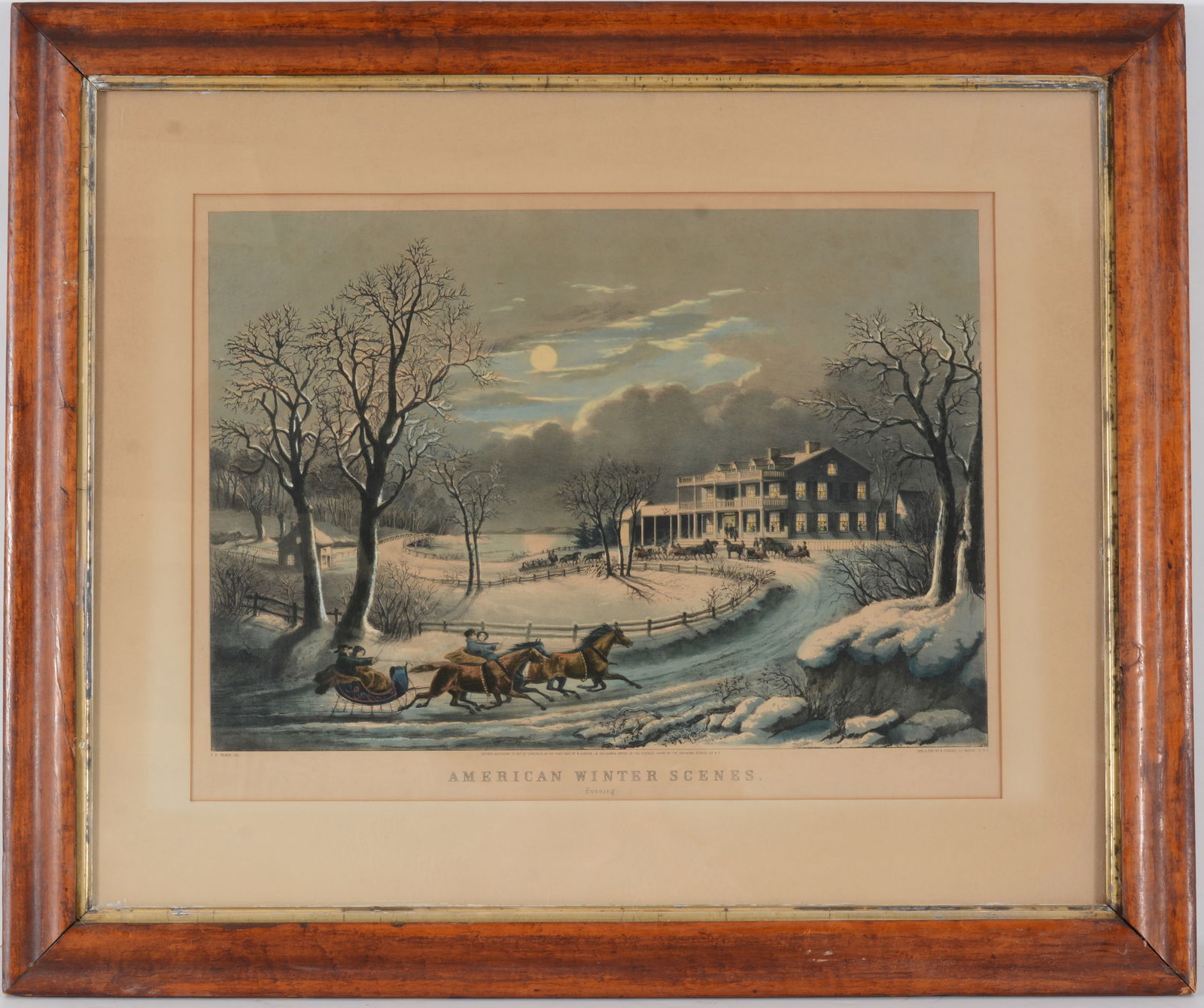 Nathaniel Currier color lithograph print, "American Winter Scene- Evening". At lower edge of print, (1 of 7)