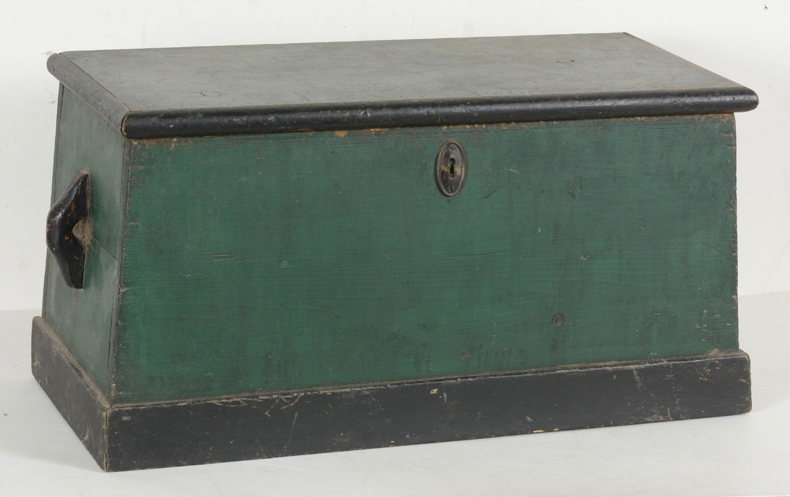 Green painted canted sea chest with molded handles, 19th Century. Length 26 in, Depth 12 in, height (1 of 5)