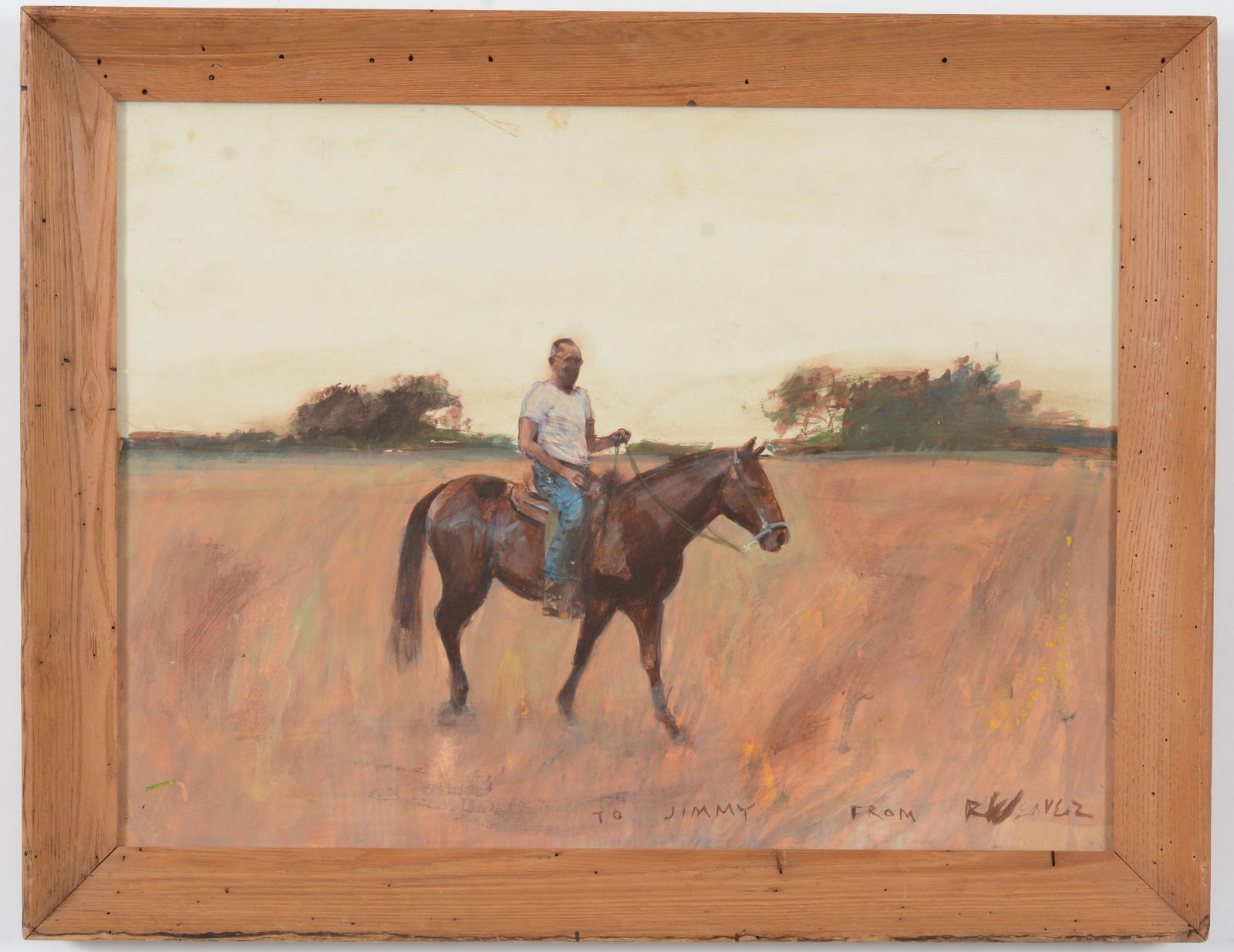 Robert L. Weaver. Mixed media illustration of a man on horseback. Framed under glass. Inscribed "To (1 of 7)