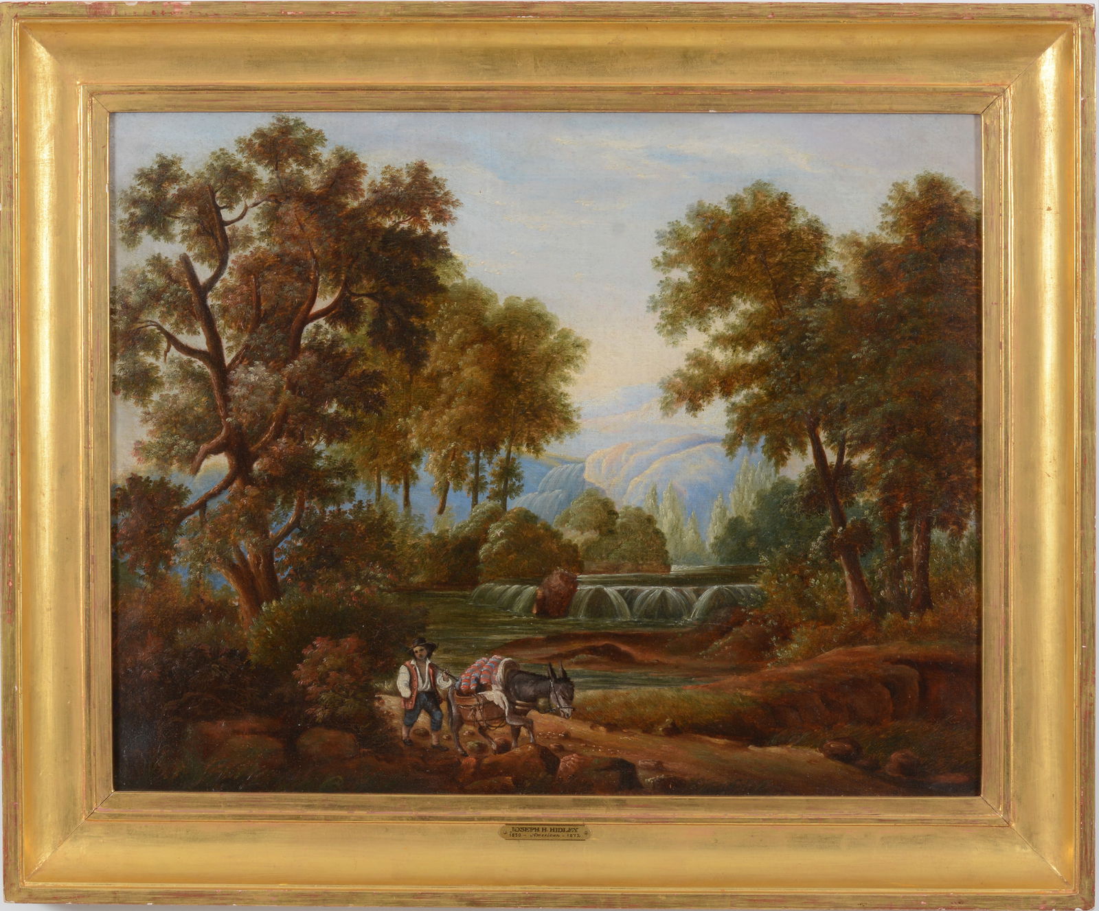 Joseph Hidley, attributed to. Large cascading waterfall landscape with shepherd and mule. Oil on (1 of 8)