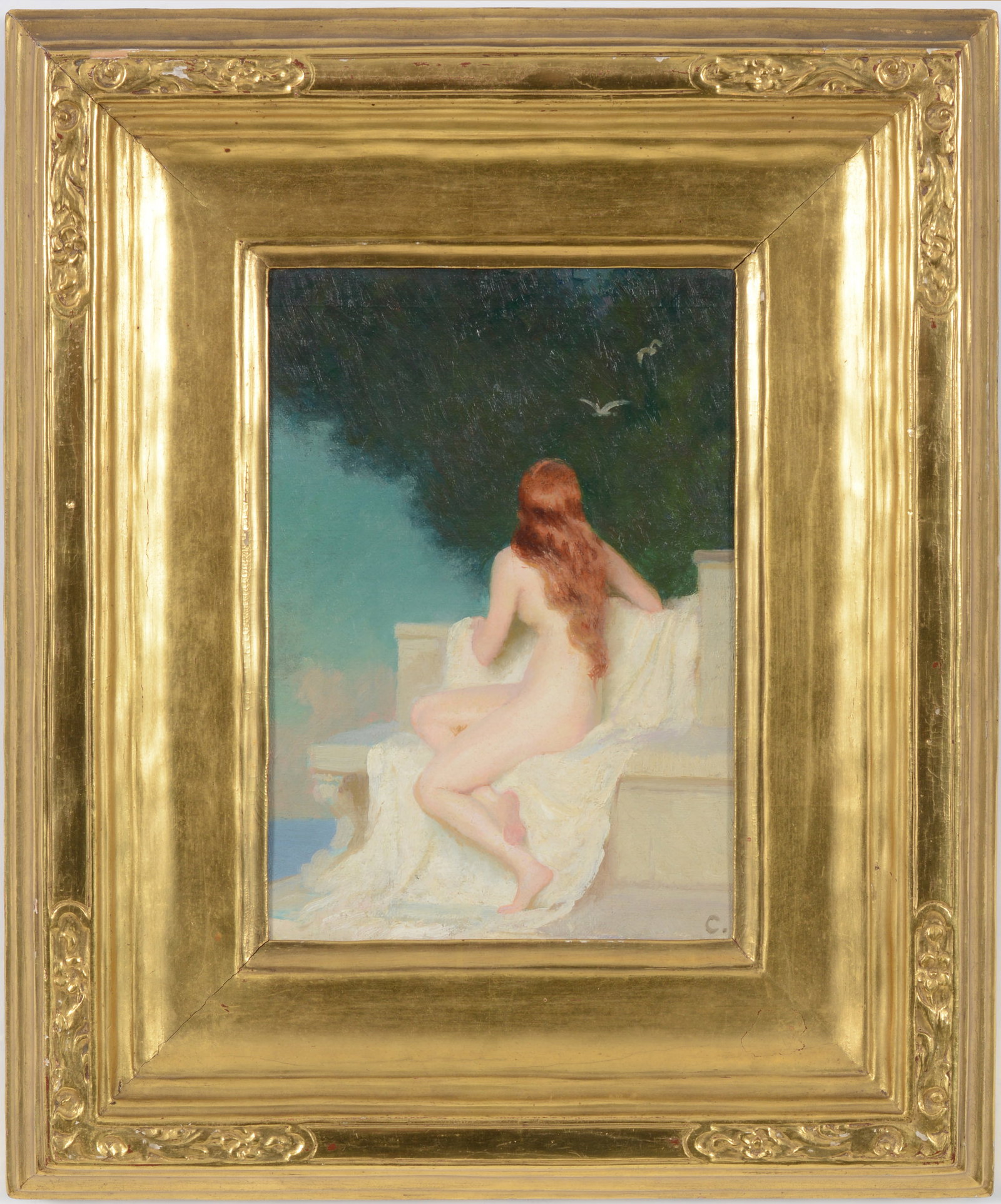 Early 20th century American school. Nude woman seated on a classical terrace. Monogrammed C. lower: Early 20th century American school. Nude woman seated on a classical terrace. Monogrammed C. lower right. Oil on board. Framed in an original Thulin arts and crafts frame, 1917. Number 290. Sight: 9.2