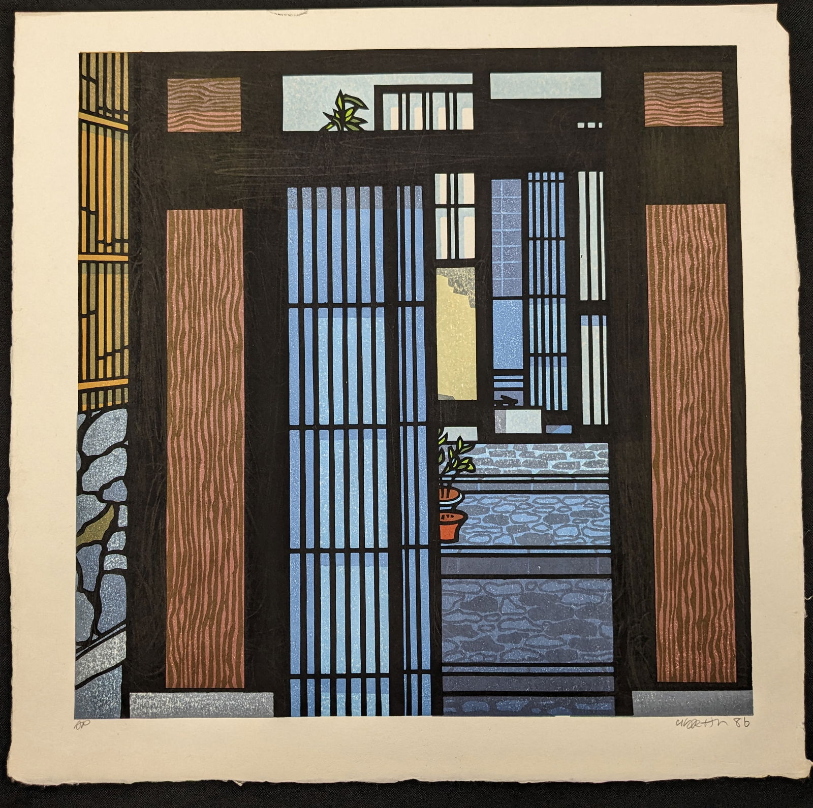 Clifton Karhu. "Sanzenzaka Doorway". Color woodblock print looking through a building interior. (1 of 4)