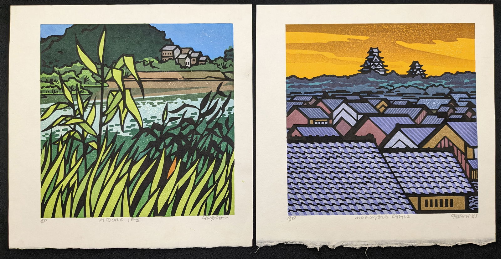 Clifton Karhu. "Midoro-ike" and "Momoyama Castle". 2 color woodblock prints, one depicting a town (1 of 5)