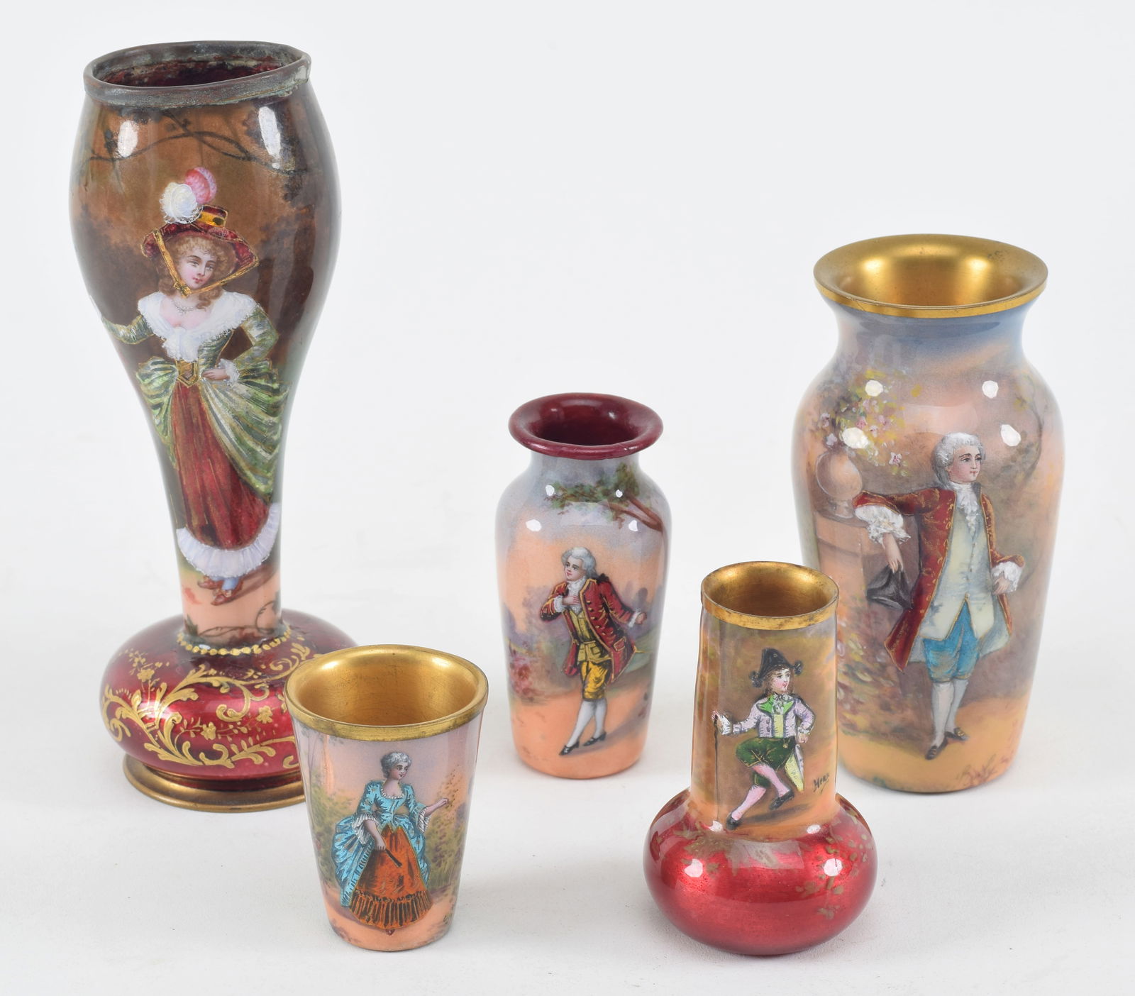 Collection of 5 French enamel vases decorated with figures in 18th Century costumes set in (1 of 13)