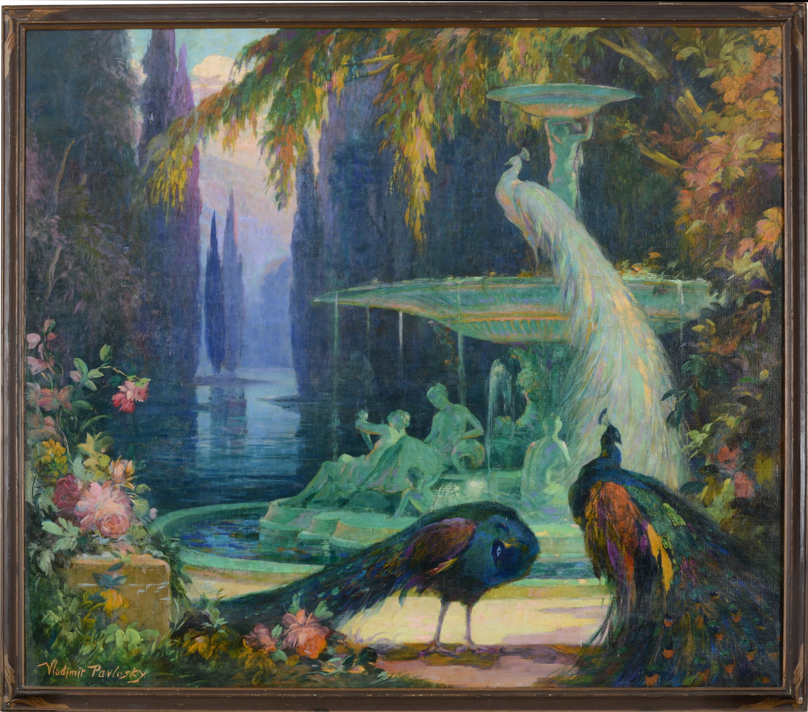 Vladimir Pavlovsky Ukraine/Massachusetts. The Green Fountain. Fantasy with peacocks at fountain in a: Vladimir Pavlovsky Ukraine/Massachusetts. The Green Fountain. Fantasy with peacocks at fountain in a lakeside grotto. Signed lower left. Oil on canvas. Framed. Restoration and inpaint. Framed. Remnant
