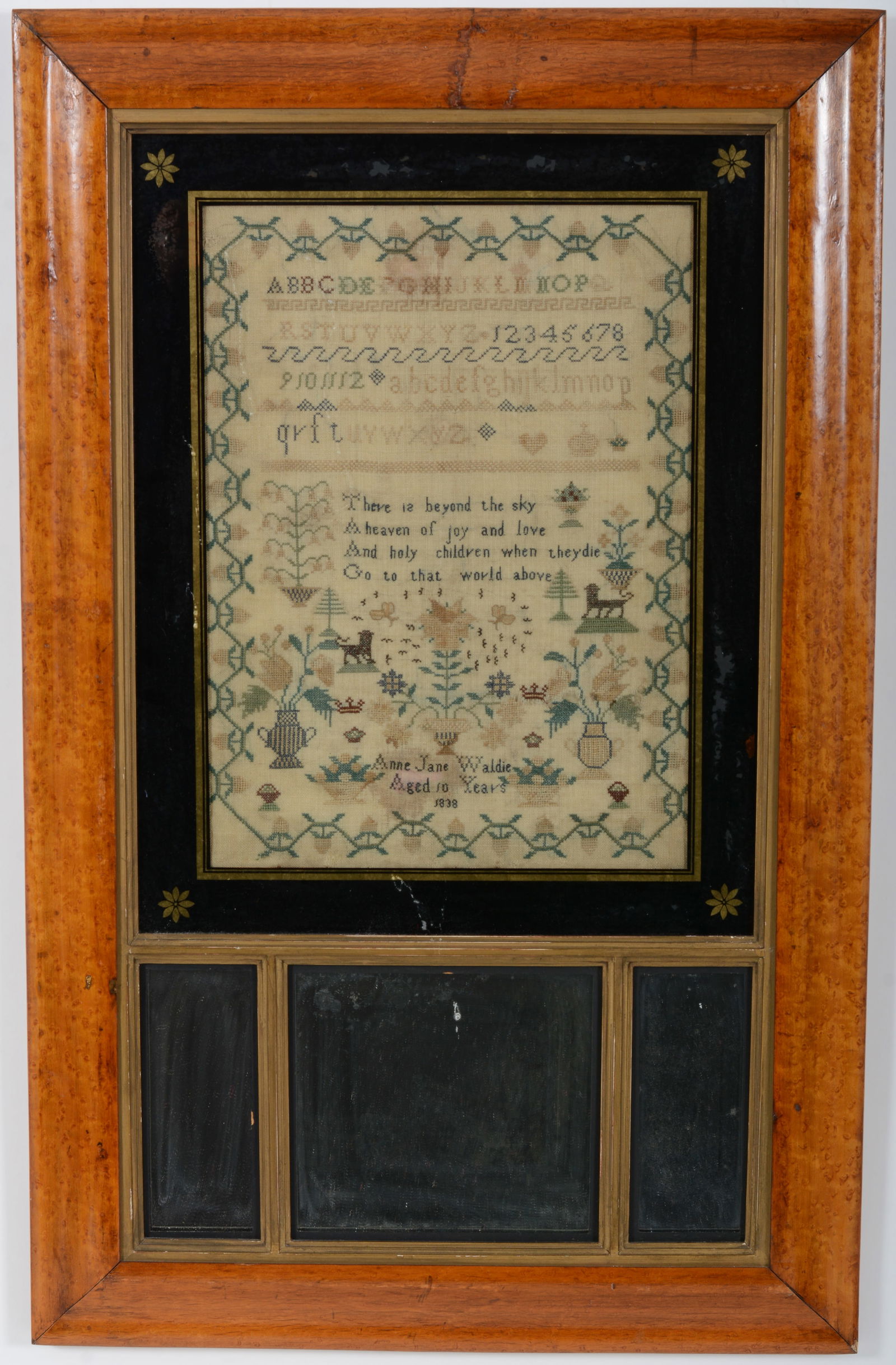 Needlework sampler with motto, Anne Jane Waldie, aged 10, 1838. Framed in a birds-eye maple ogee (1 of 7)