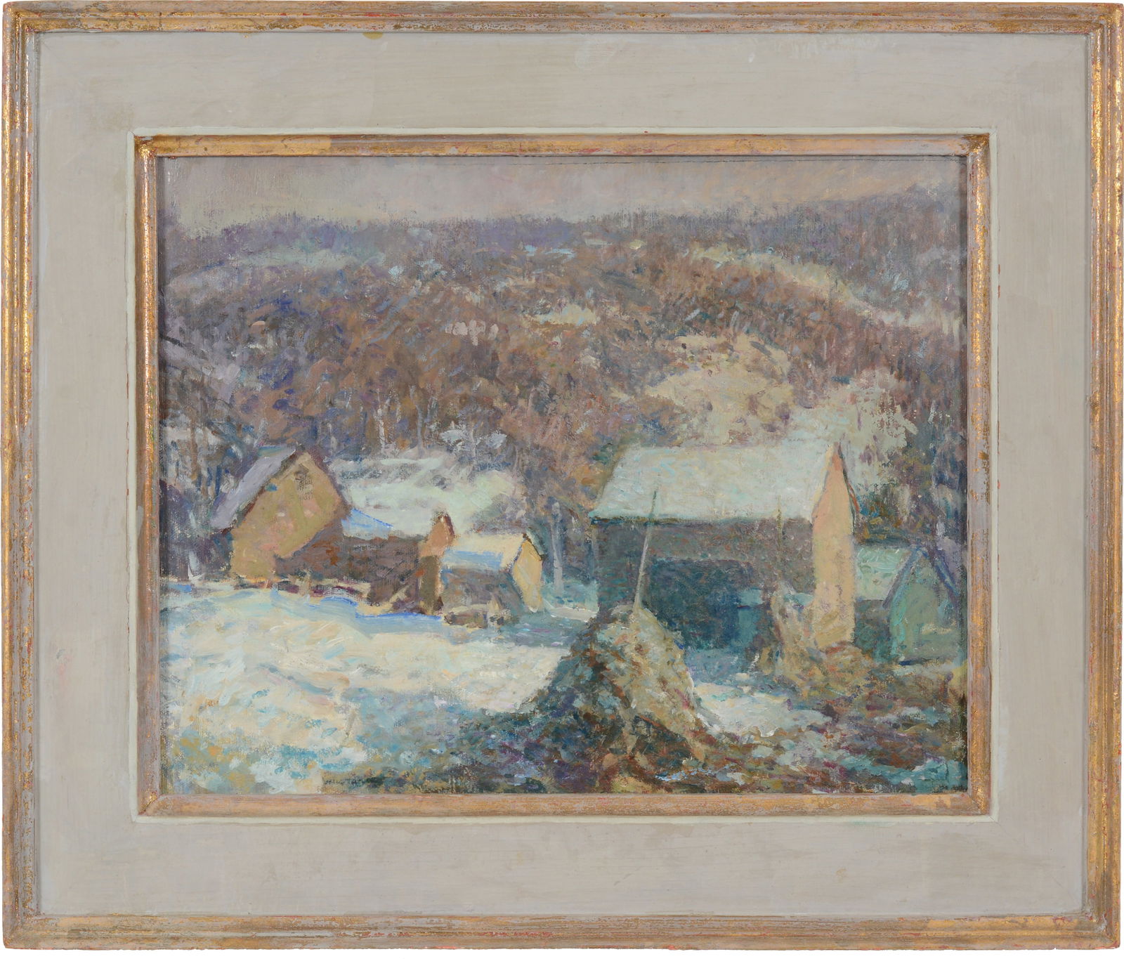 Will Taylor. "Marvin Barn in Winter". Hillside landscape with haystacks and houses. Oil on board. (1 of 10)