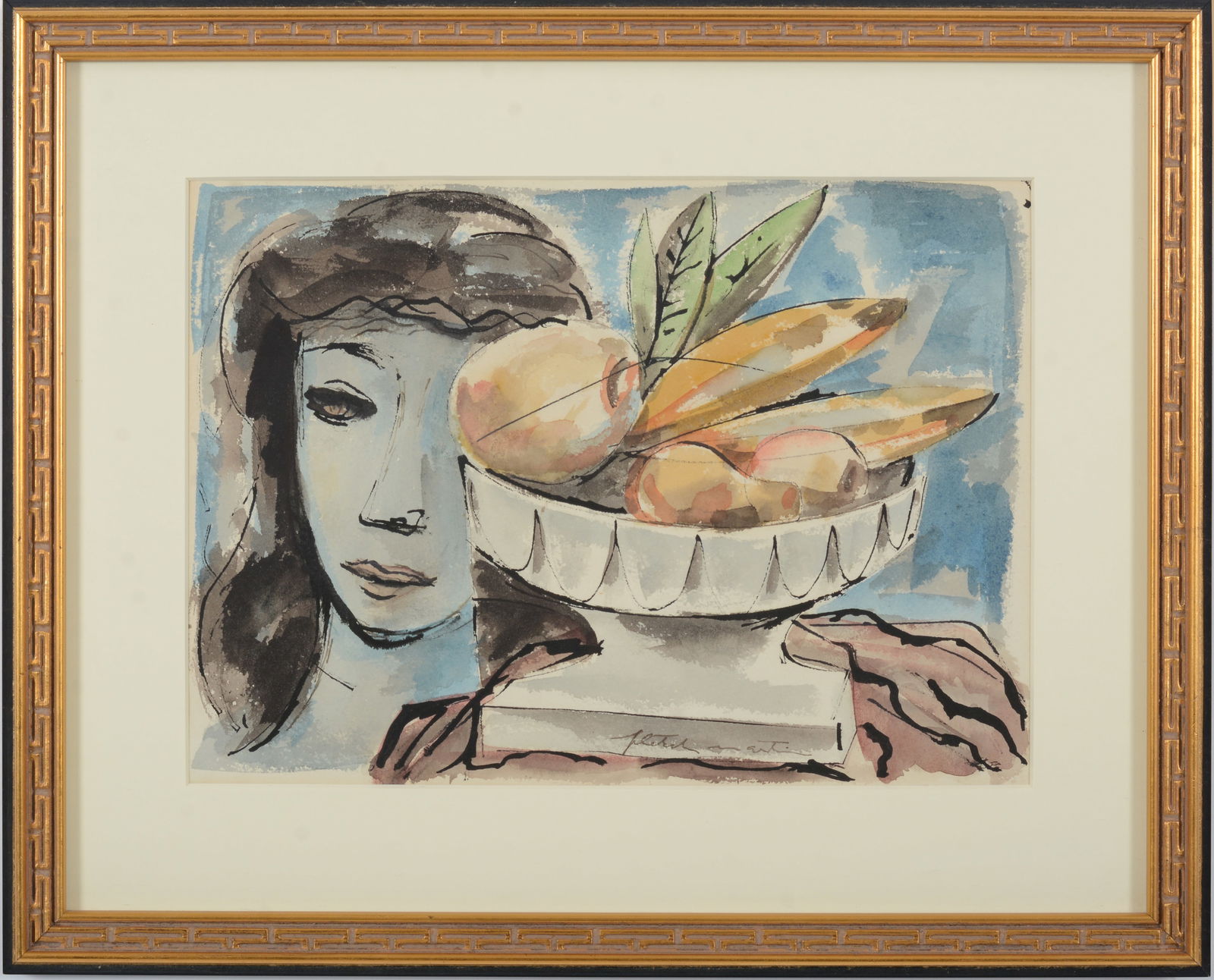 Fletcher Martin. Surreal watercolor still life. Signed middle right. Framed under glass. Sight: 9.5 (1 of 7)