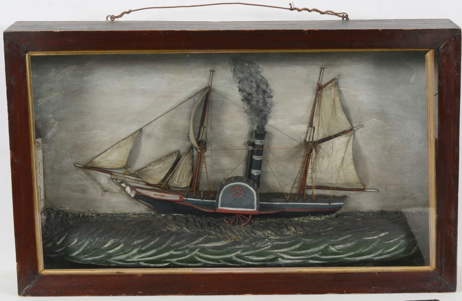 Ship model diorama, 19th Century. Paddle and sailing ship marked "Magnet". In glazed case with (1 of 9)