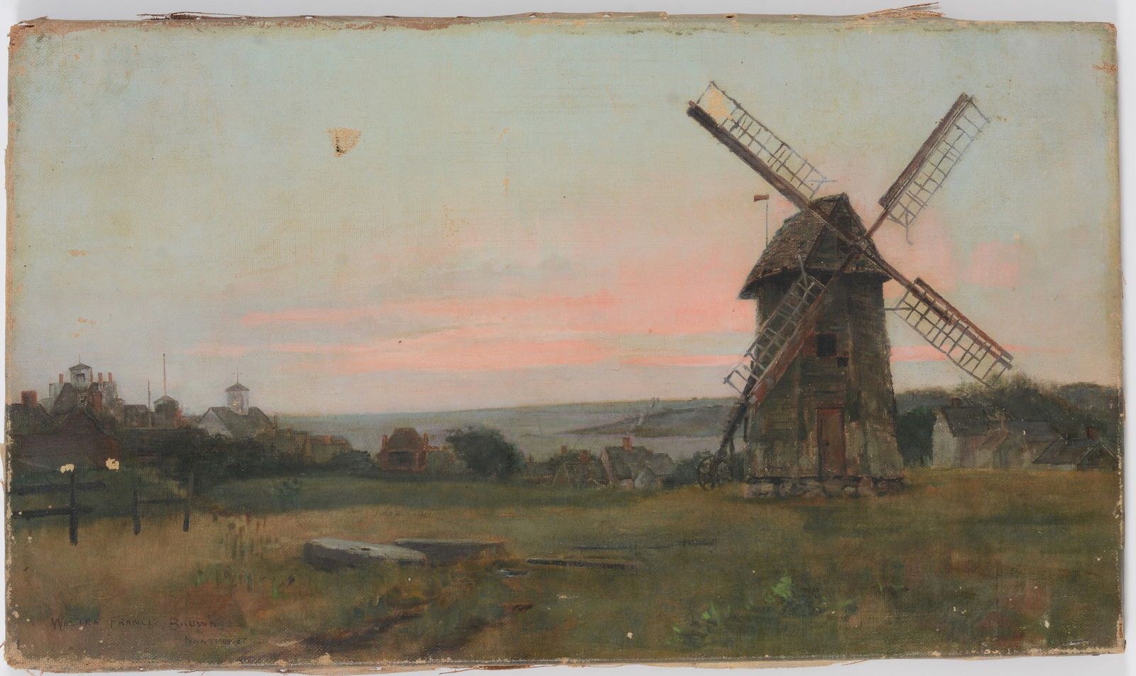 Walter Francis Brown. "Nantucket". Oceanside landscape with village and windmill. Oil on canvas. (1 of 7)