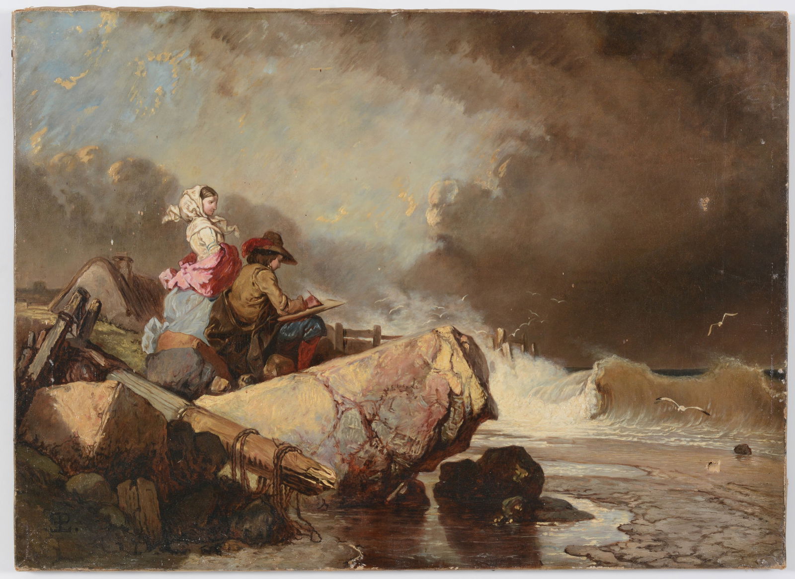 19th century seascape with woman and artist painting on the rocks. Oil on canvas. Large monogram (1 of 8)