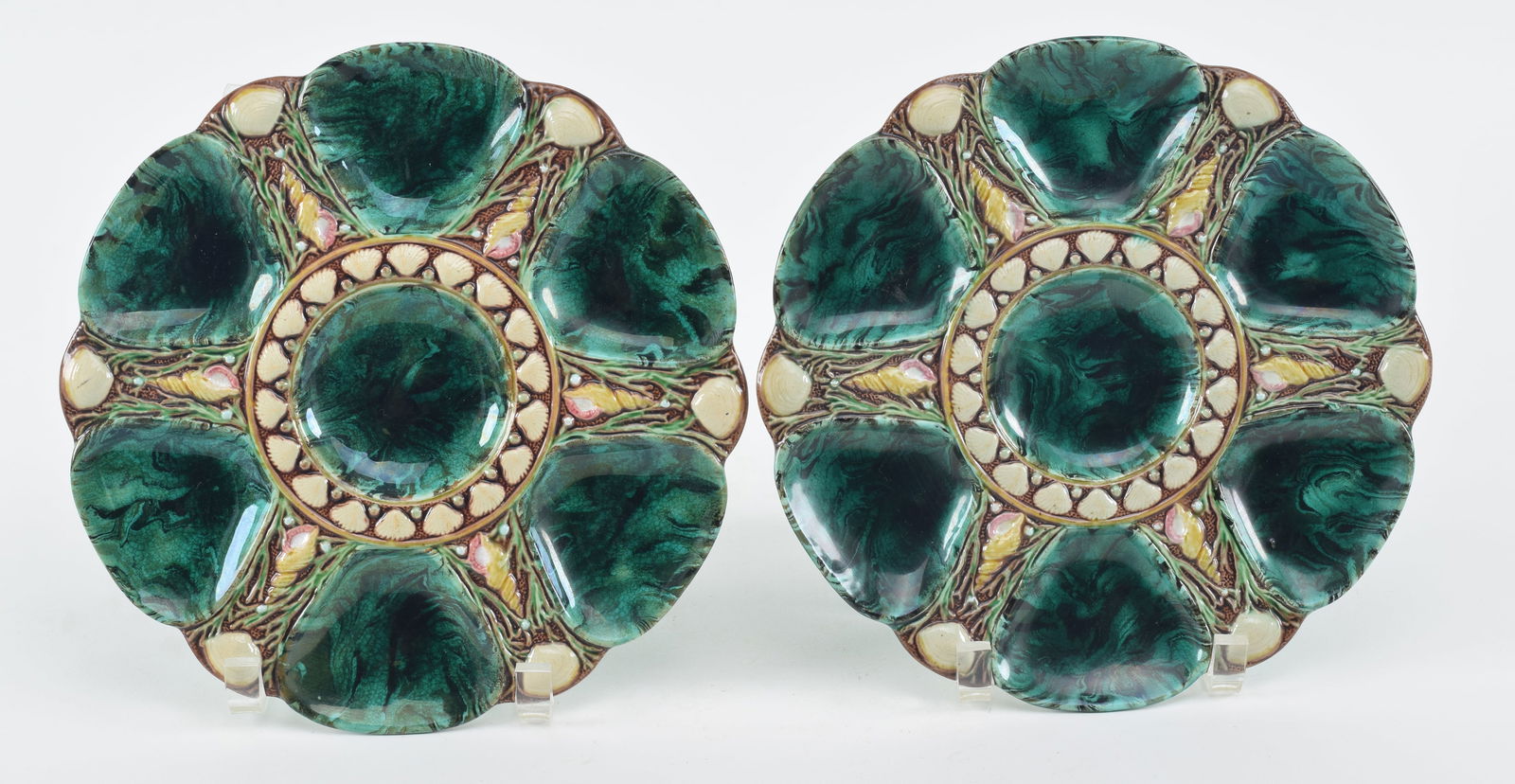 Pair of Minton majolica malachite glaze oyster plates. Turquoise blue underside glaze. Marks on (1 of 6)