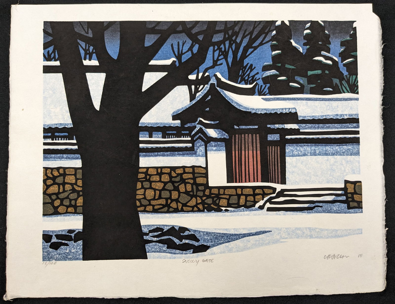 Clifton Karhu. "Snowy Gate". Color woodblock print of a snow covered winter landscape with red gated (1 of 5)