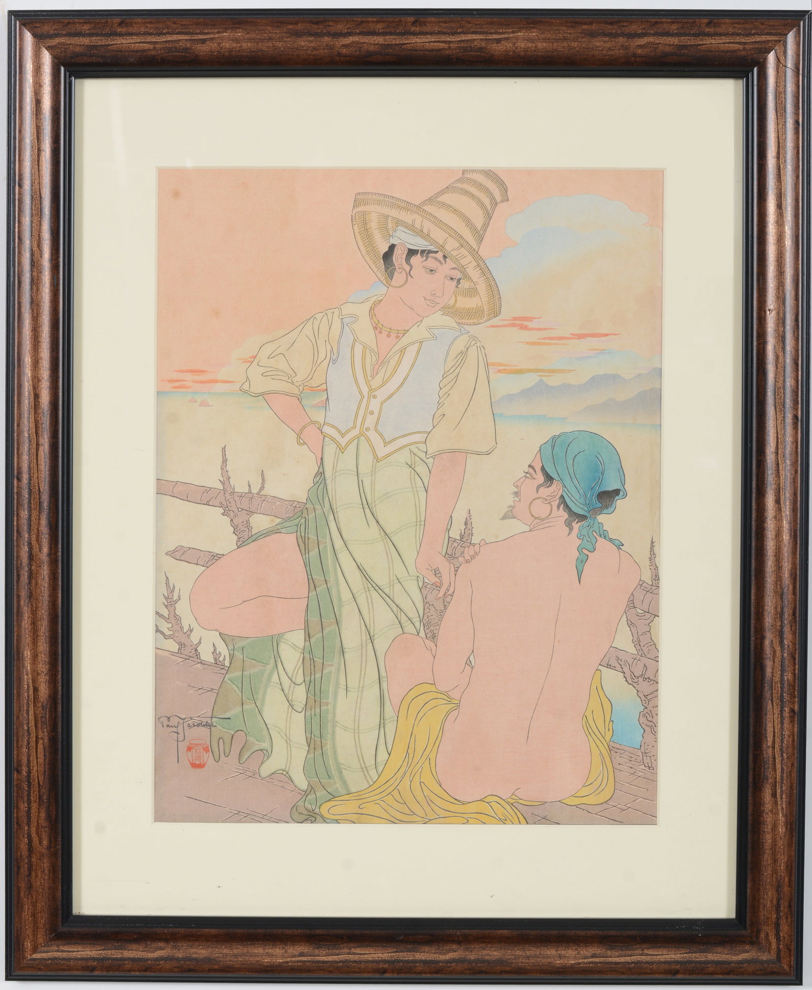 Paul Jacoulet. "Coucher de Soleil a Menado Celebes". Signed lower left. Framed under glass. Light: Paul Jacoulet. "Coucher de Soleil a Menado Celebes". Signed lower left. Framed under glass. Light staining. Not examined out of frame. Sight: 15.25 x 11.75in. Overall: 22.5 x 19in.