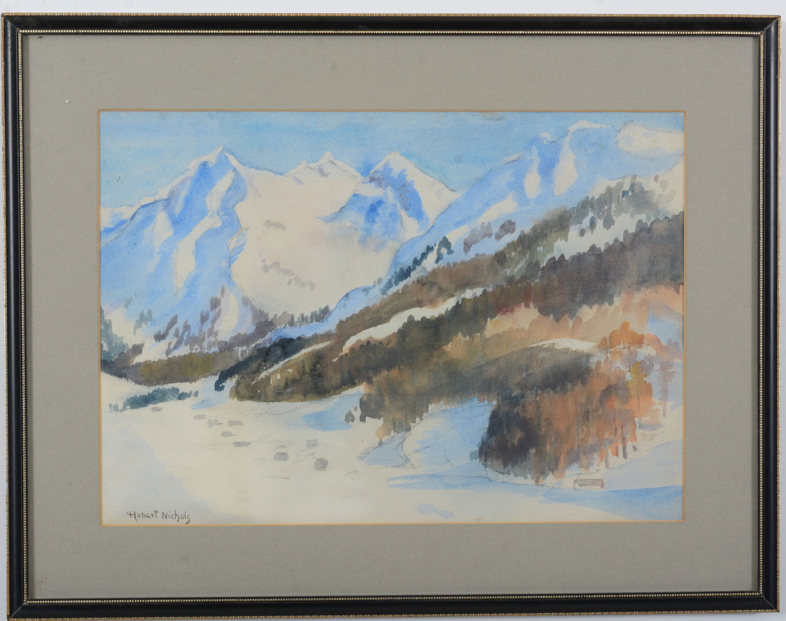 Hobart Nichols. Mountainous winter landscape. Watercolor painting. Framed under glass. Sight: 10.25 (1 of 7)