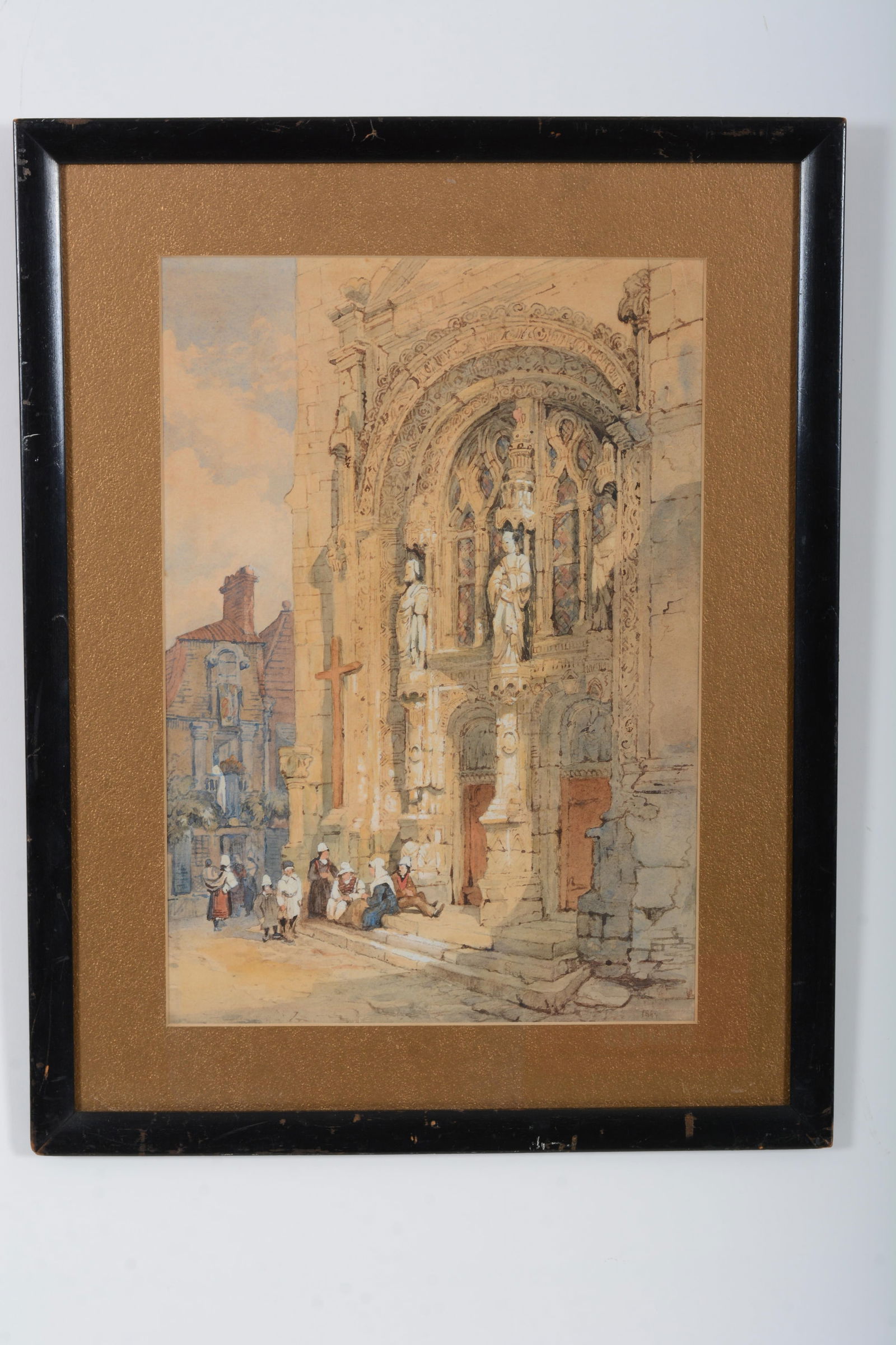 Samuel Prout. English village ornate cathedral scene with figures. Watercolor painting. Framed under: Samuel Prout. English village ornate cathedral scene with figures. Watercolor painting. Framed under glass. Sight: 15.5 x 10.5in. Overall: 20.5 x 15.5in.