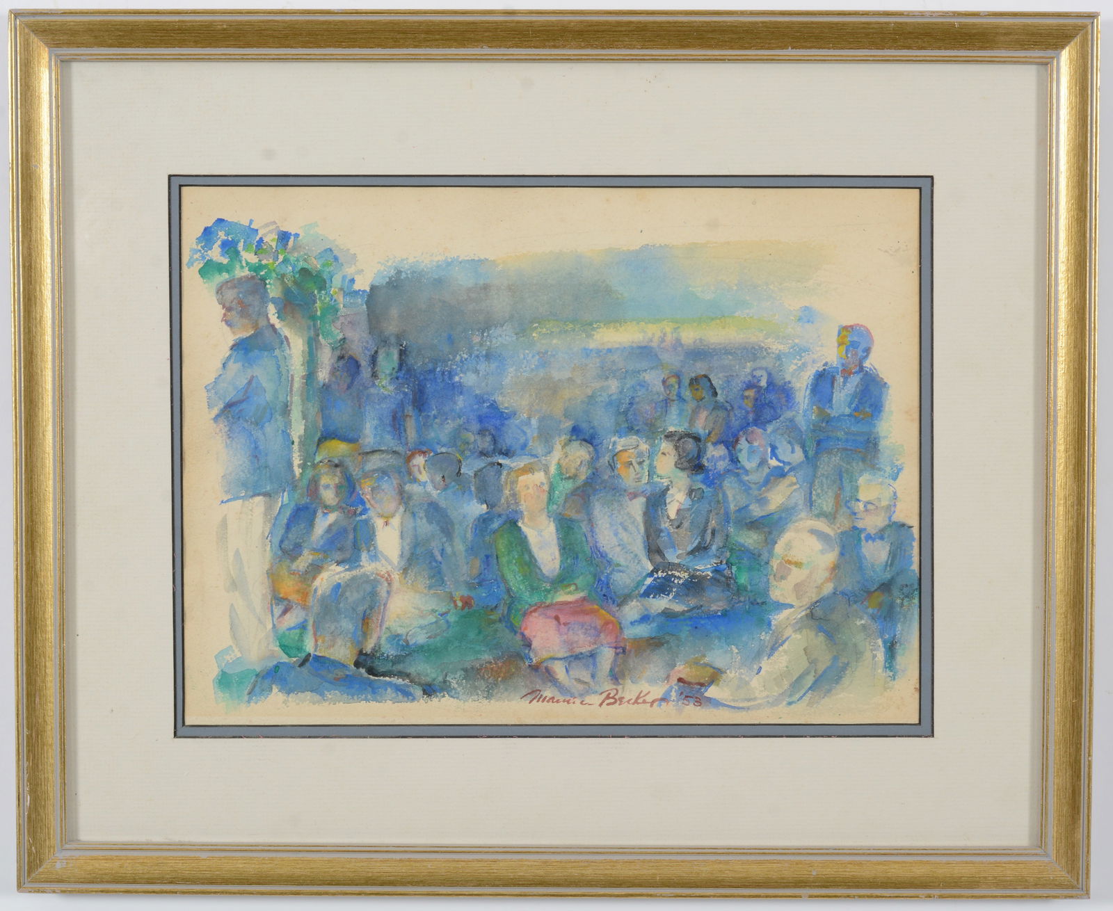 Maurice Becker. Outdoor gathering. Watercolor painting. 1956. Framed under glass. Signed lower (1 of 8)