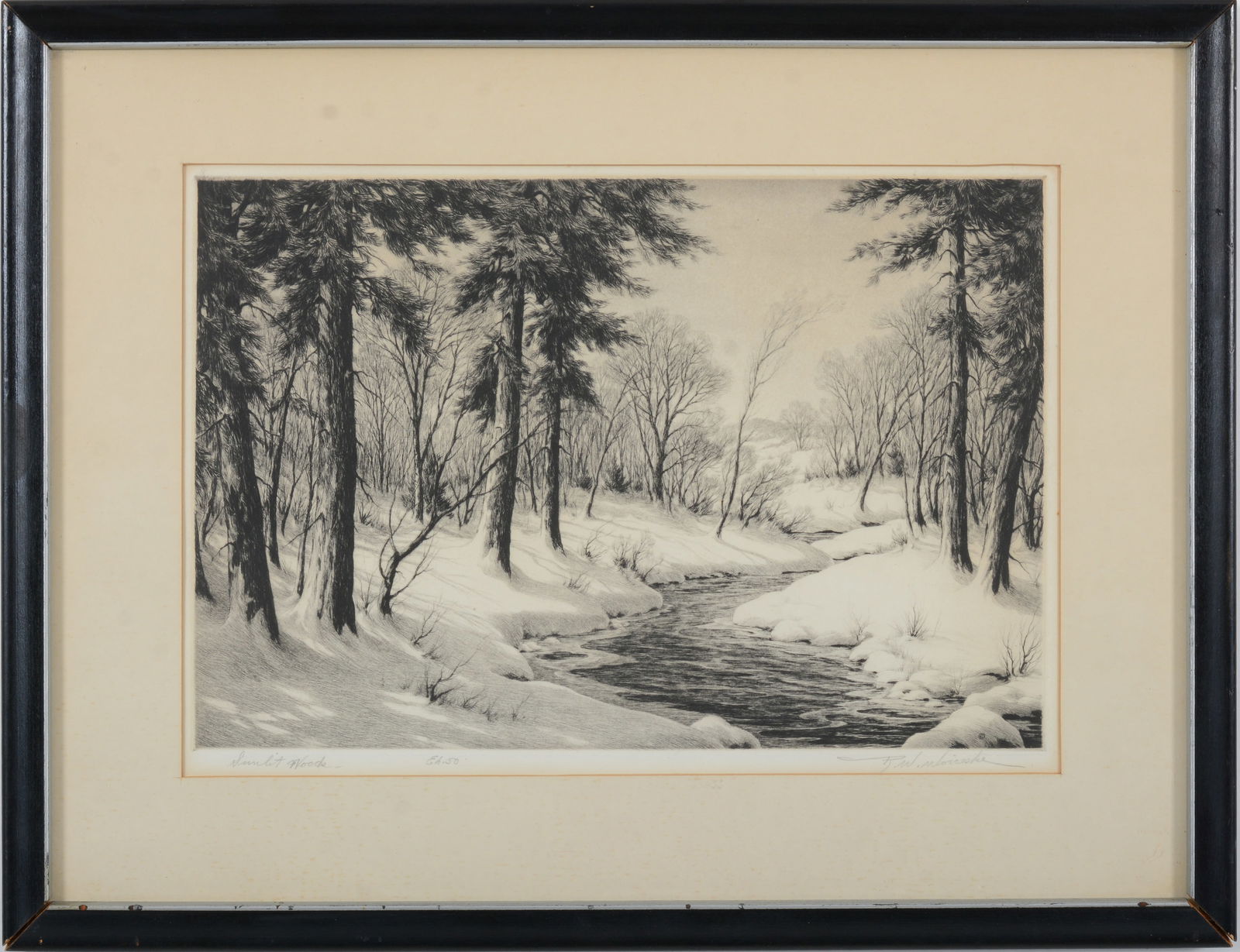 Ronau Woiceske. "Sunlit Woods". Edition of 50. Winter landscape etching. Framed under glass. Signed (1 of 8)