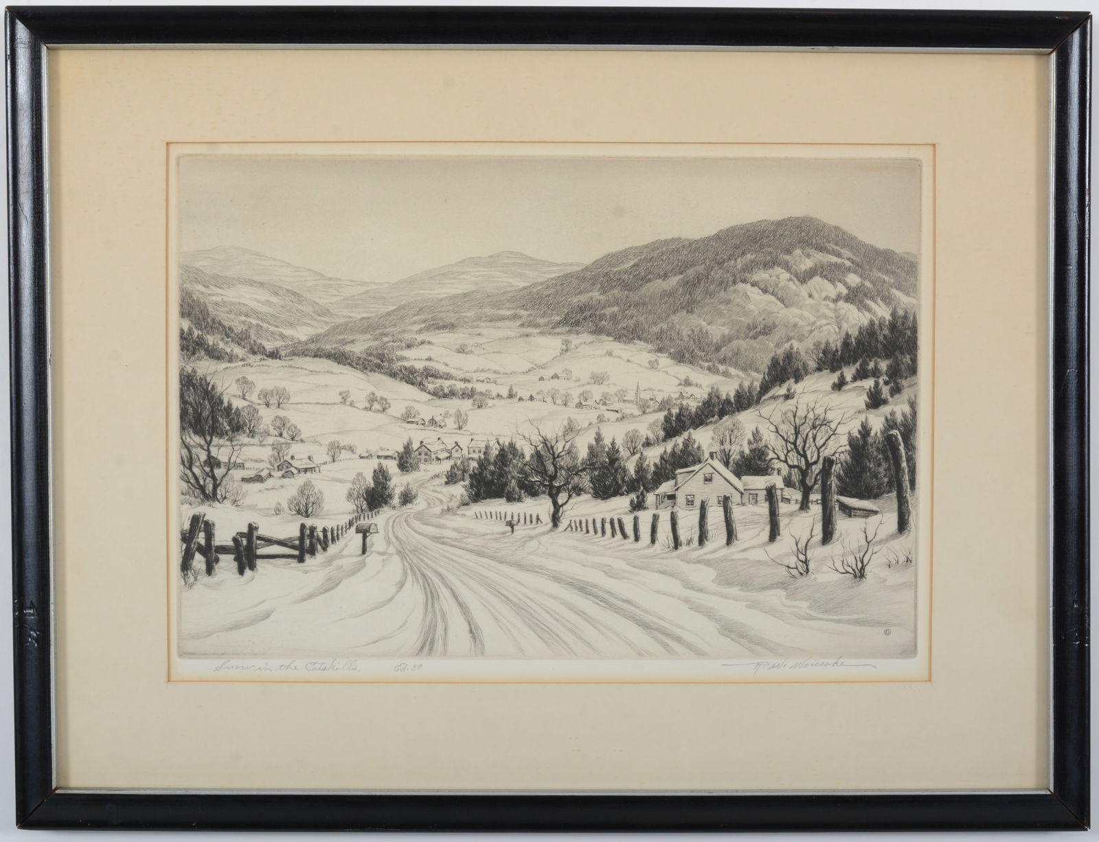 Ronau Woiceske. "Snow in the Catskills". Edition of 50. Winter landscape etching. Framed under (1 of 8)