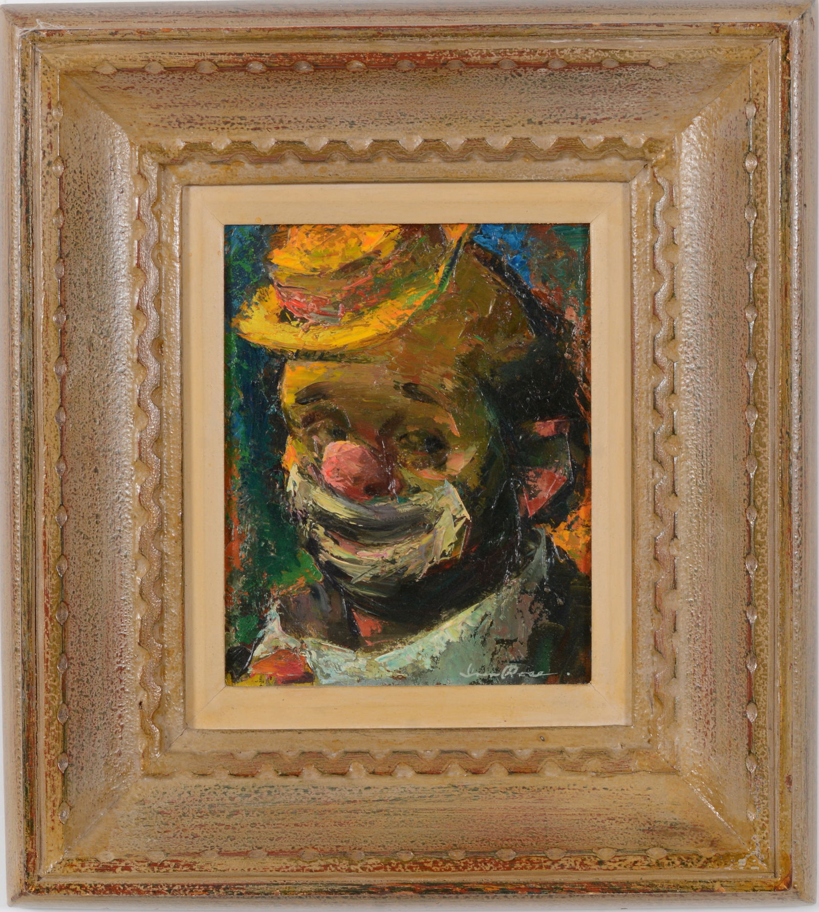 Iver Rose. Impasto painting of a clown. Oil on board. Signed lower right. Framed. Sight: 10 x 8in.: Iver Rose. Impasto painting of a clown. Oil on board. Signed lower right. Framed. Sight: 10 x 8in. Overall: 19 x 17in.